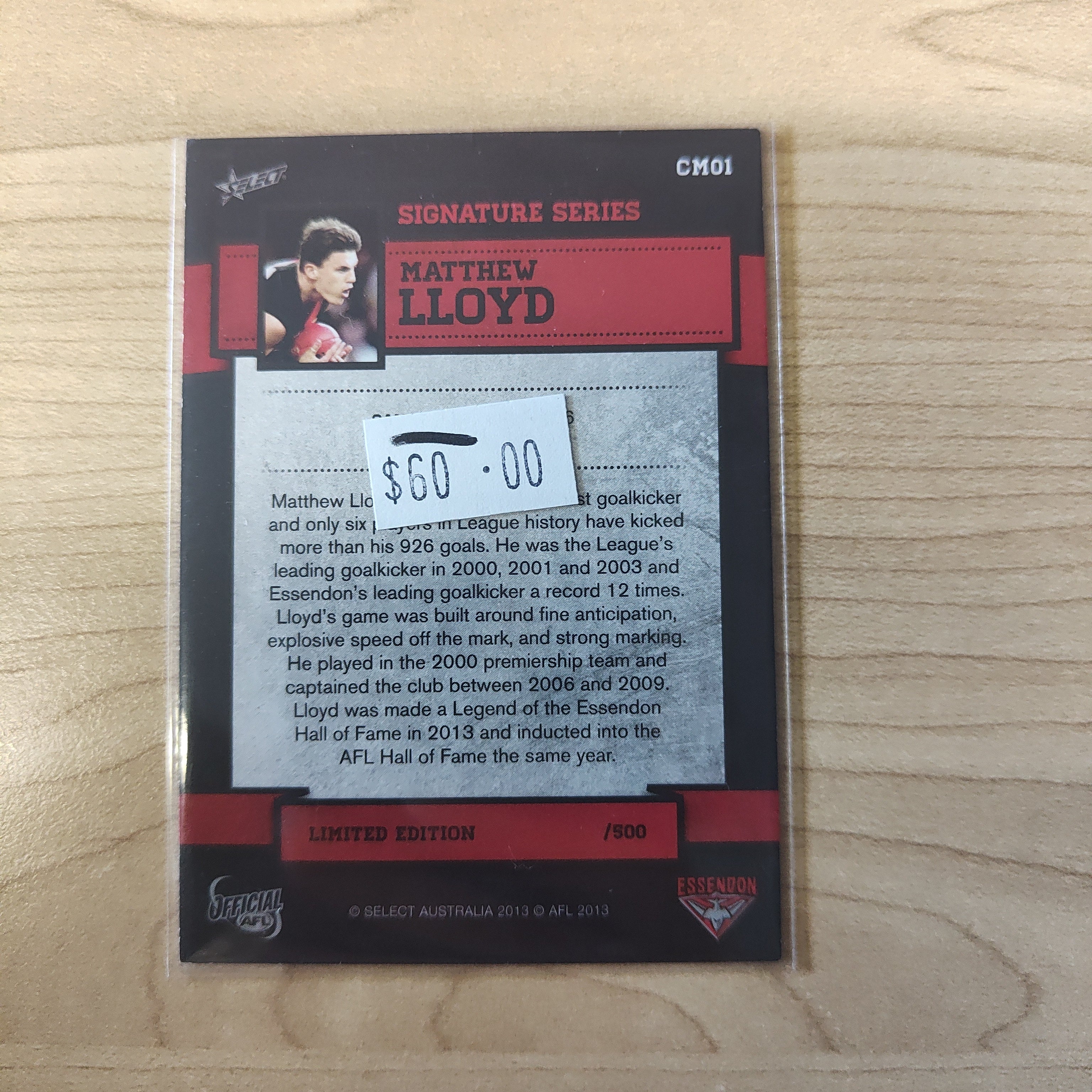2013 Select Signature Series Coleman Medallist Matthew Lloyd Essendon Hand Signed Unnumbered Card - Image 2