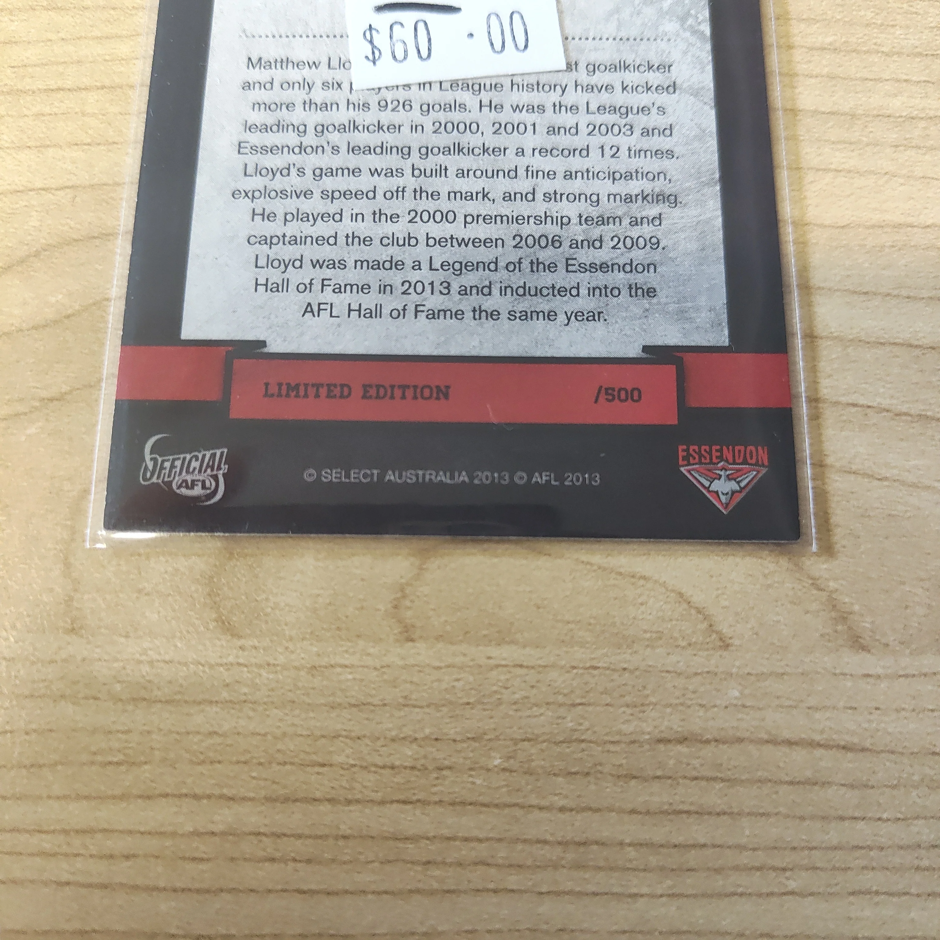 2013 Select Signature Series Coleman Medallist Matthew Lloyd Essendon Hand Signed Unnumbered Card - Image 3