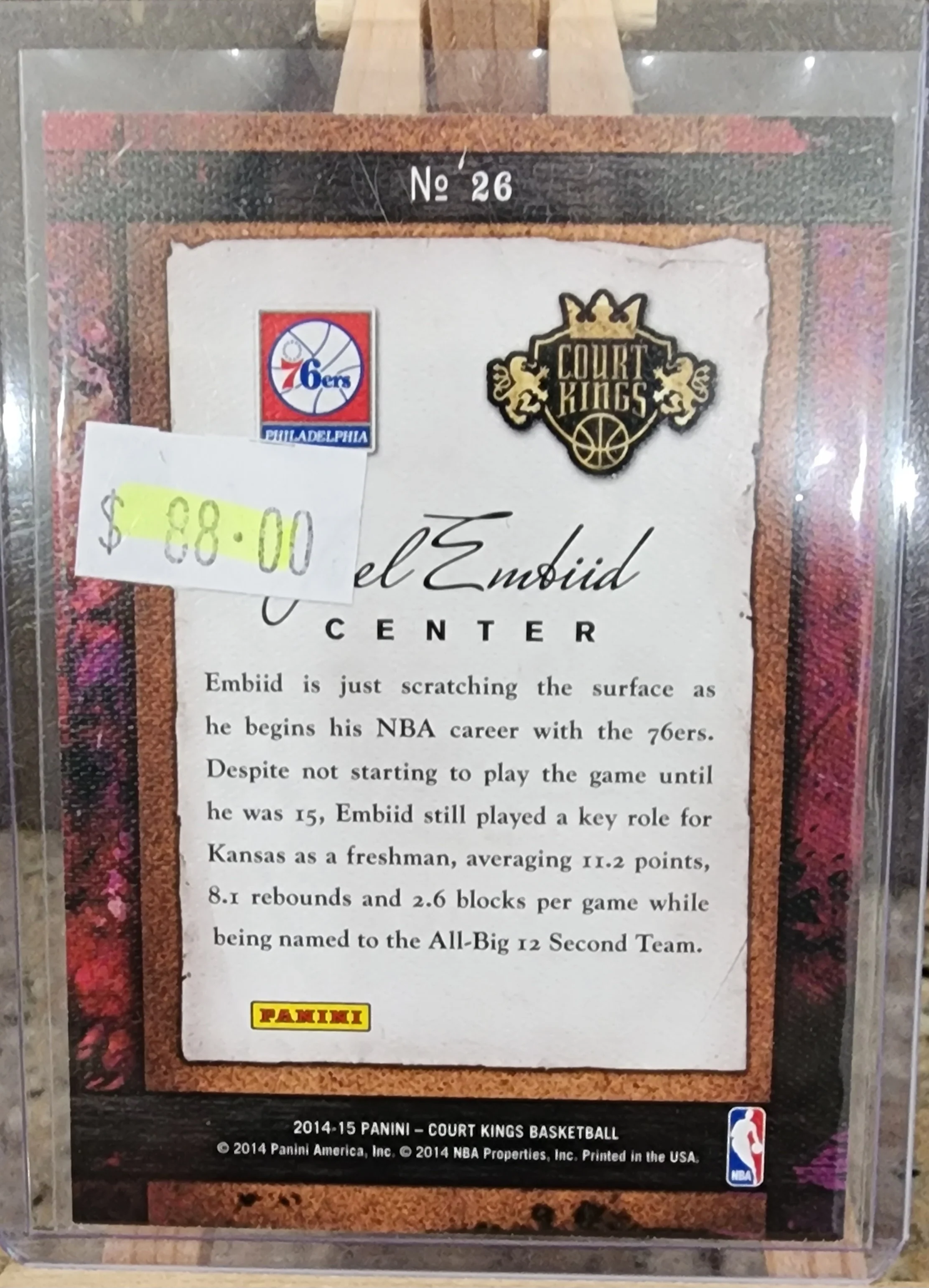 2014-15 Panini Court Kings NBA Joel Embiid Remarkable Rookies Sapphire RC 76ers #26 - Image 2