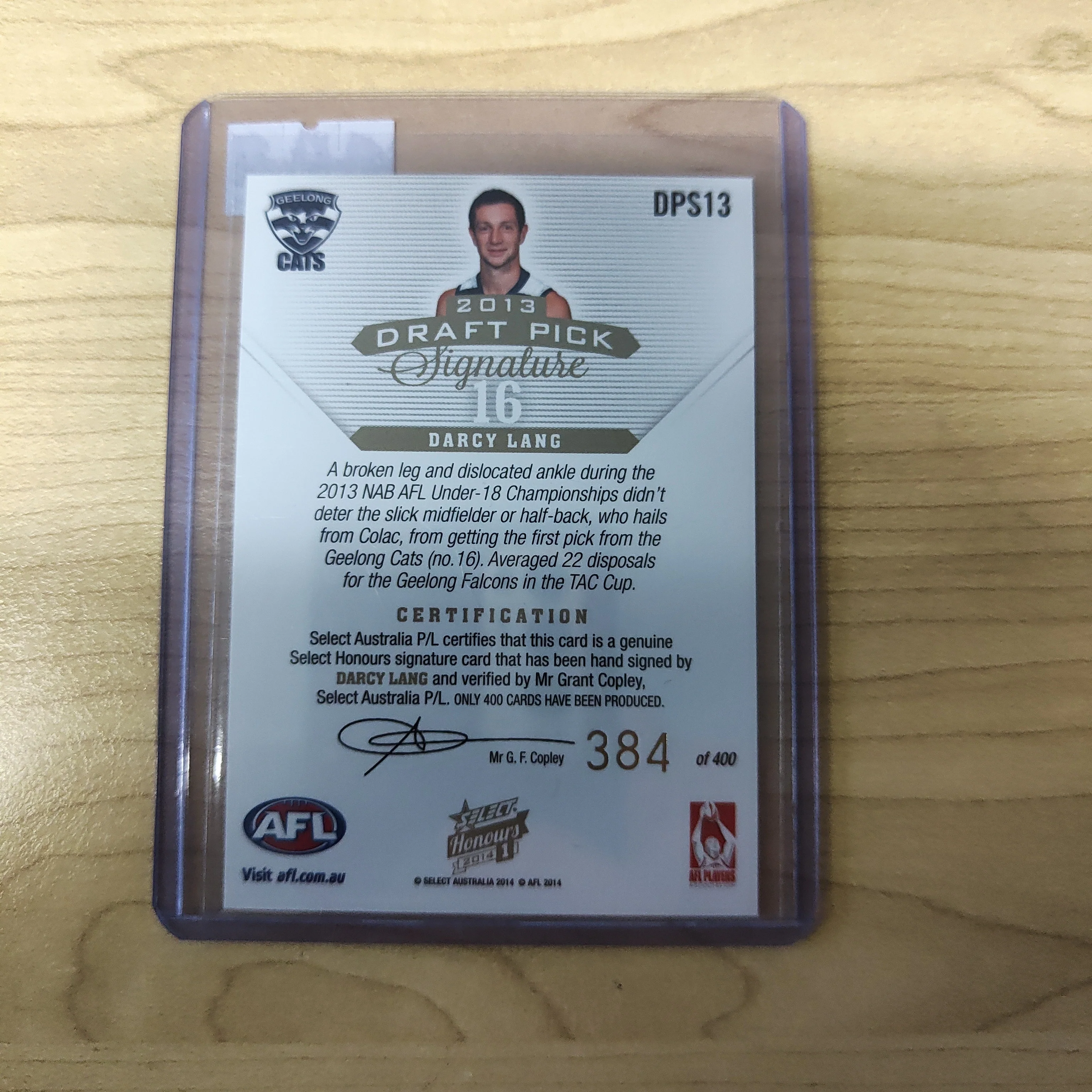 2014 AFL Select Honours 1 Draft Pick Signature Darcy Lang Geelong No. 384/400 - Image 2