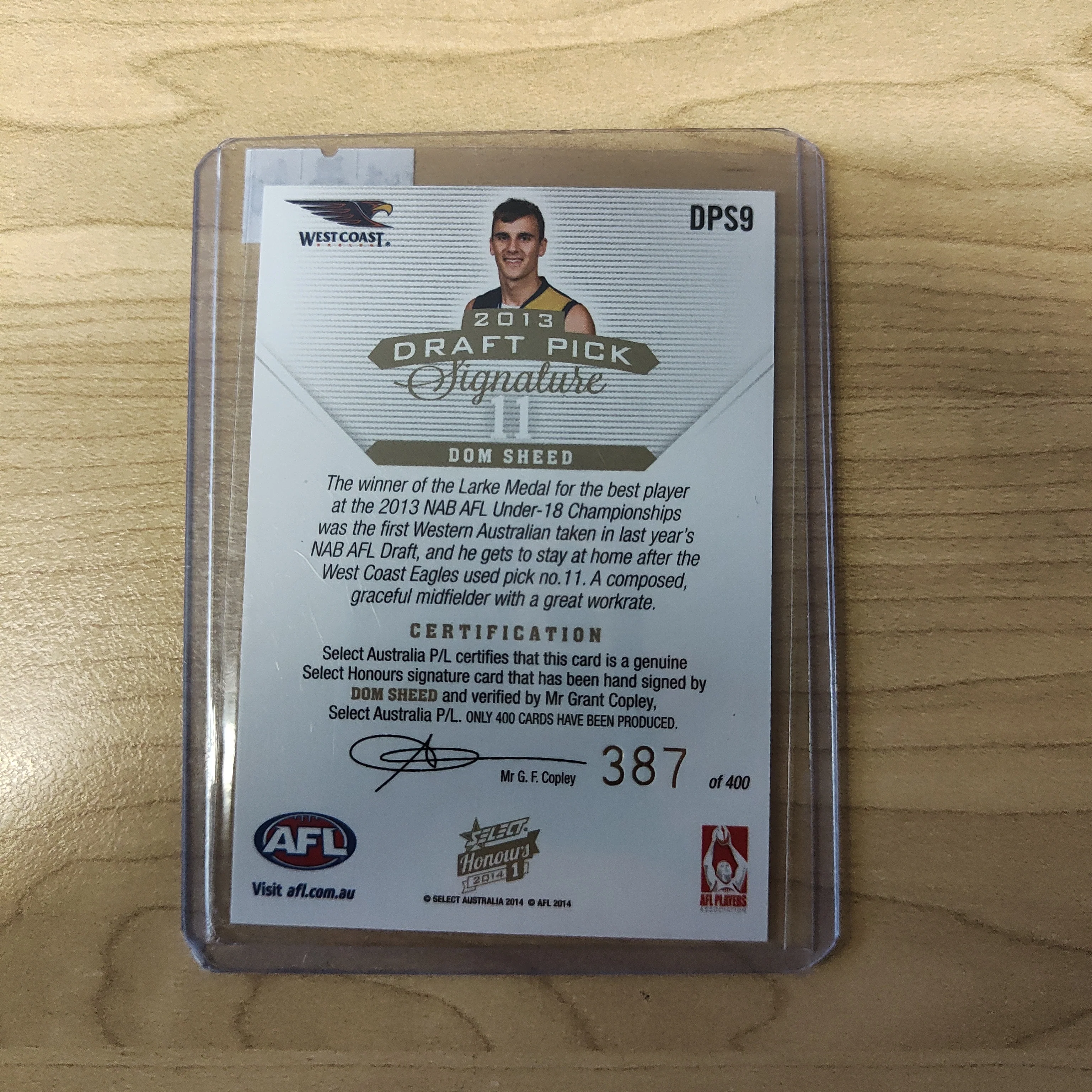 2014 AFL Select Honours 1 Draft Pick Signature Dom Sheed West Coast No. 387/400 - Image 2