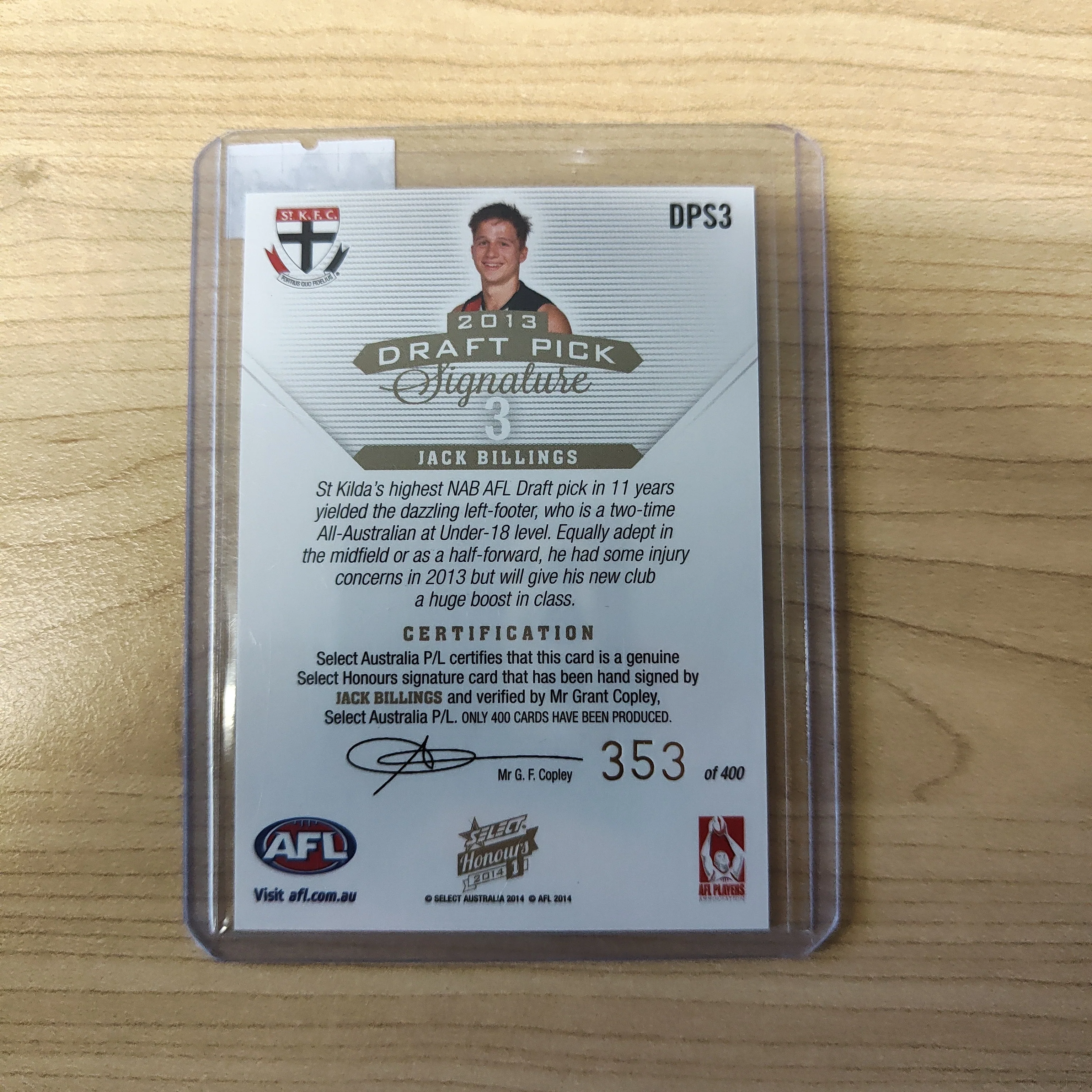 2014 AFL Select Honours 1 Draft Pick Signature Jack Billings St Kilda No. 353/400 - Image 2