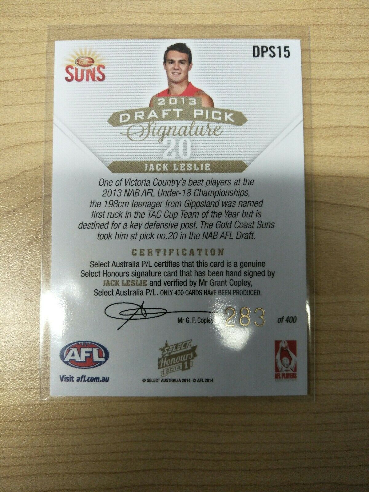 2014 AFL Select Honours 1 Draft Pick Signature Jack Leslie GC Suns No. 283/400 - Image 2