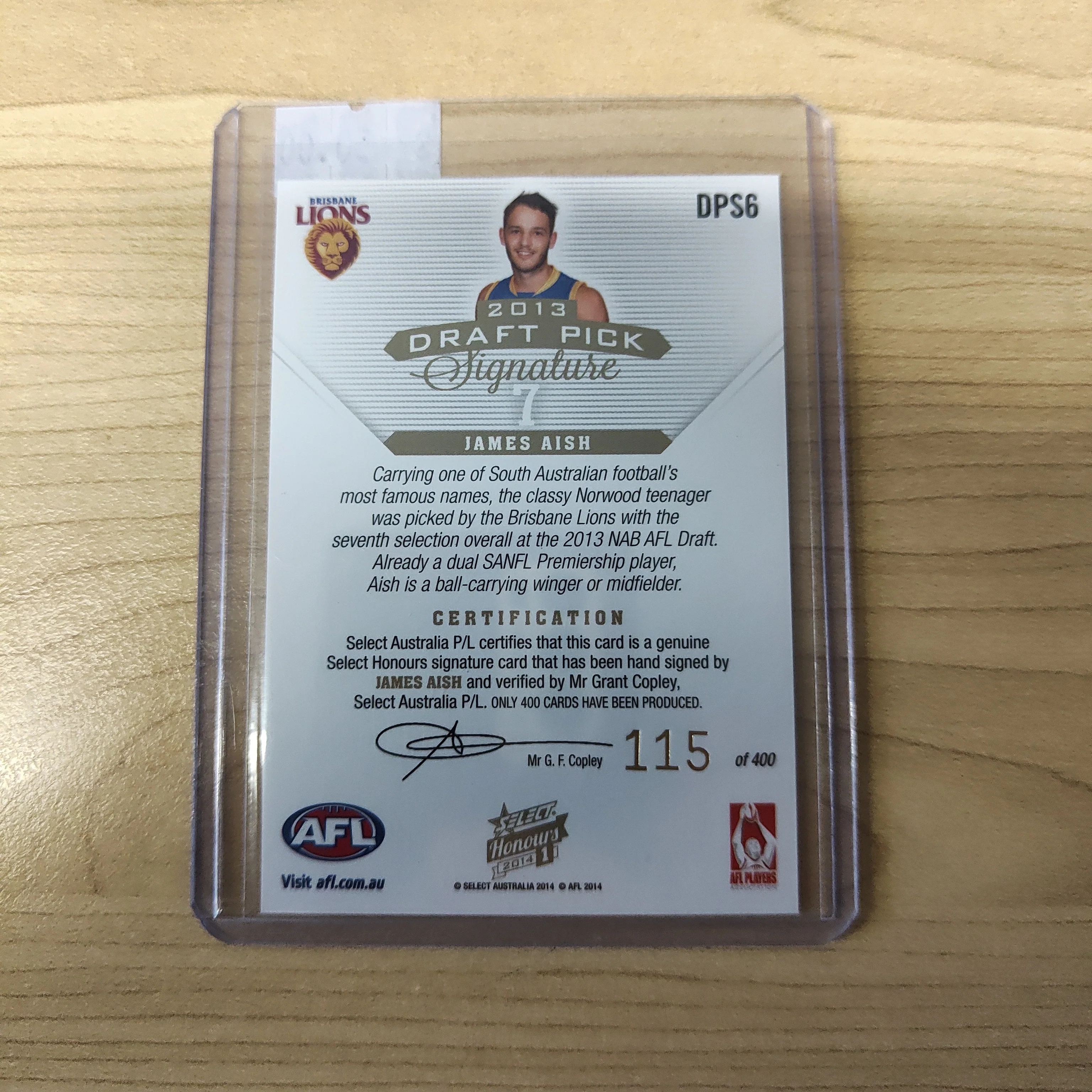 2014 AFL Select Honours 1 Draft Pick Signature James Aish Brisbane No. 155/400 - Image 2