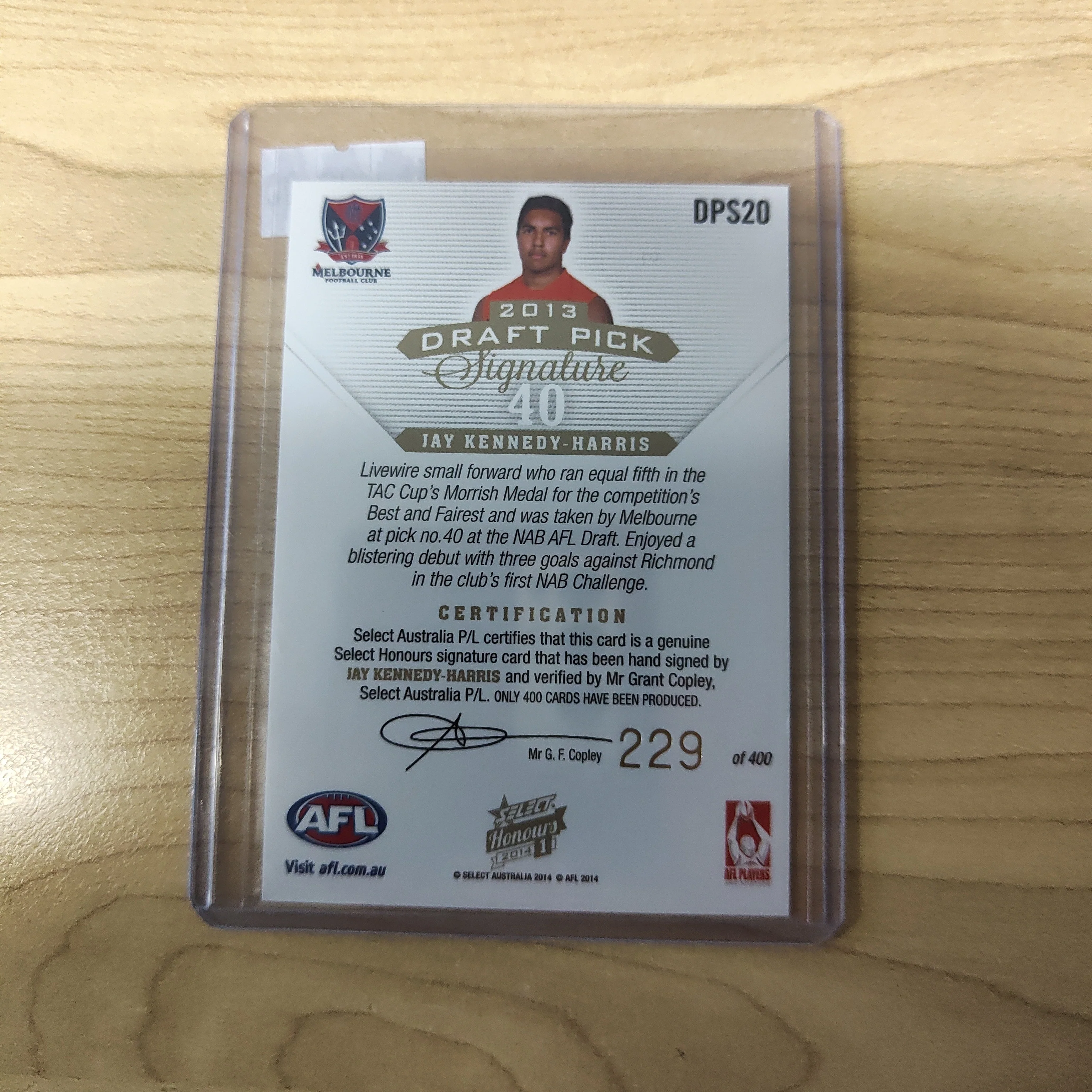 2014 AFL Select Honours 1 Draft Pick Signature Jay Kennedy-Harris Melbourne No. 229/400 - Image 2