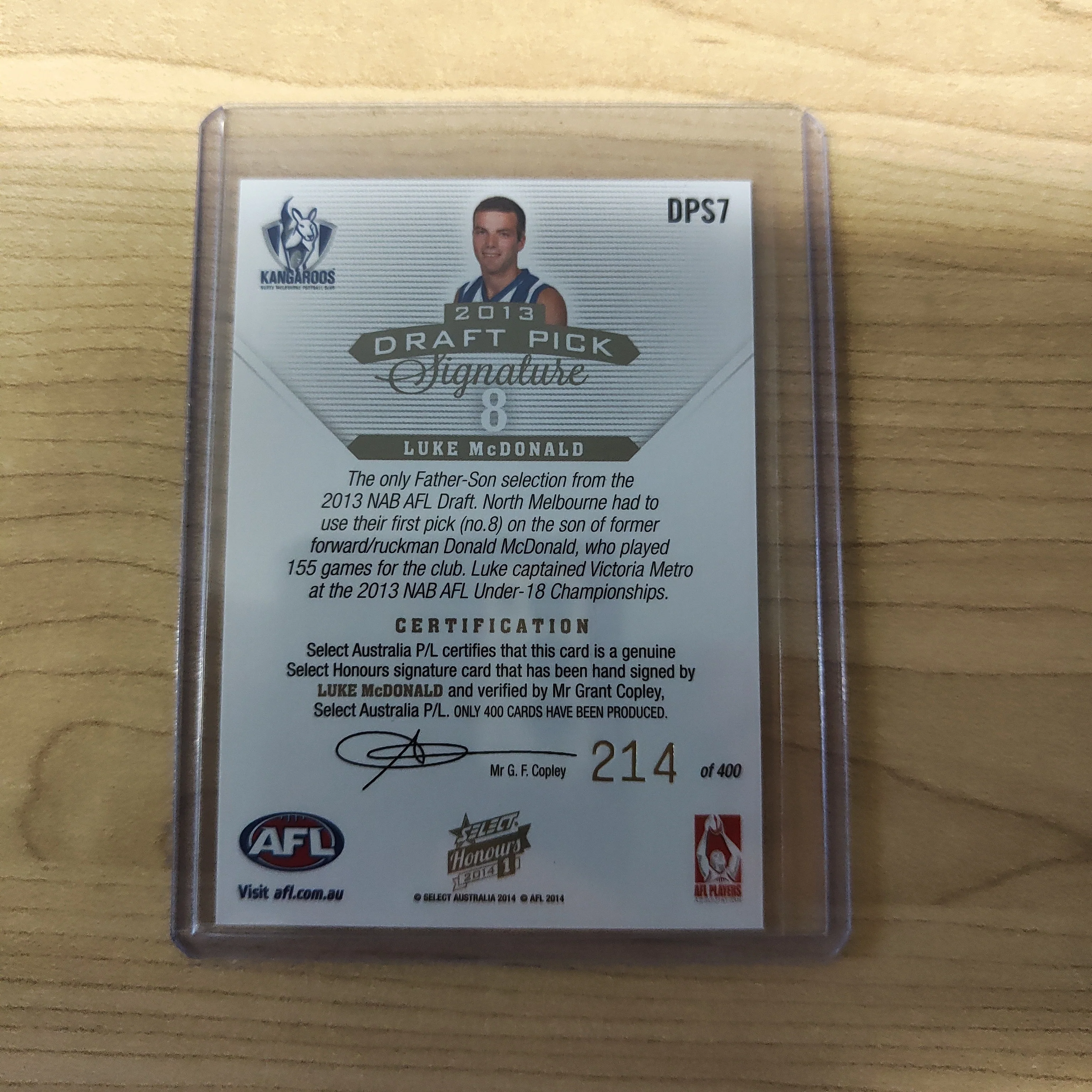 2014 AFL Select Honours 1 Draft Pick Signature Luke McDonald North Melbourne No. 214/400 - Image 2