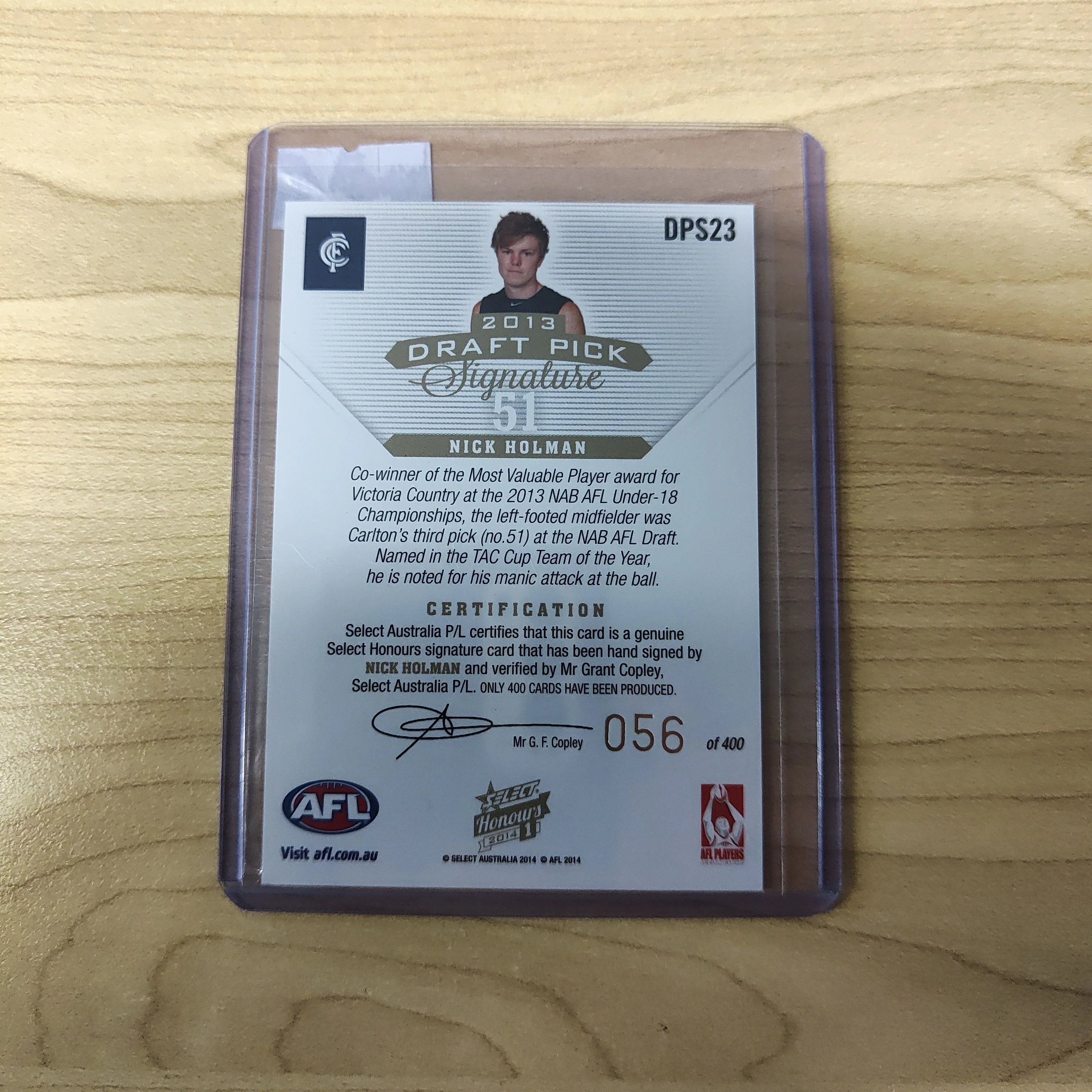 2014 AFL Select Honours 1 Draft Pick Signature Nick Holman Carlton No. 056/400 - Image 2