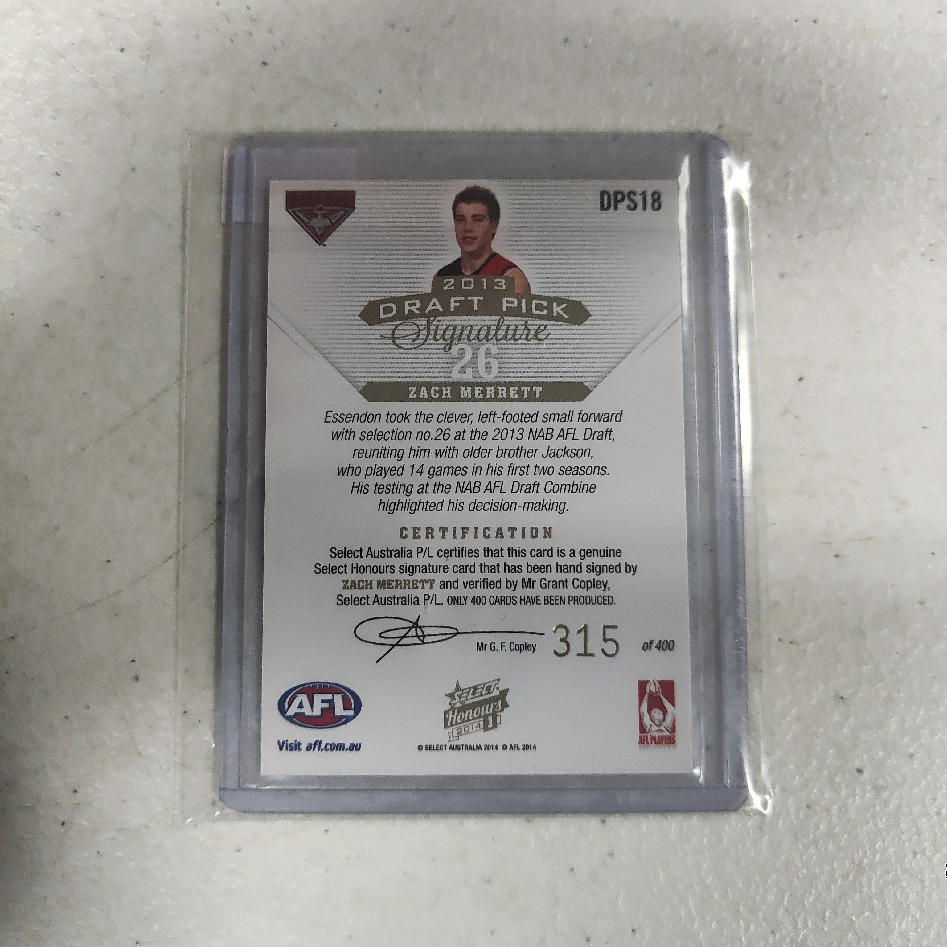2014 AFL Select Honours 1 Draft Pick Signature Zach Merrett Essendon No. 315/400 - Image 2