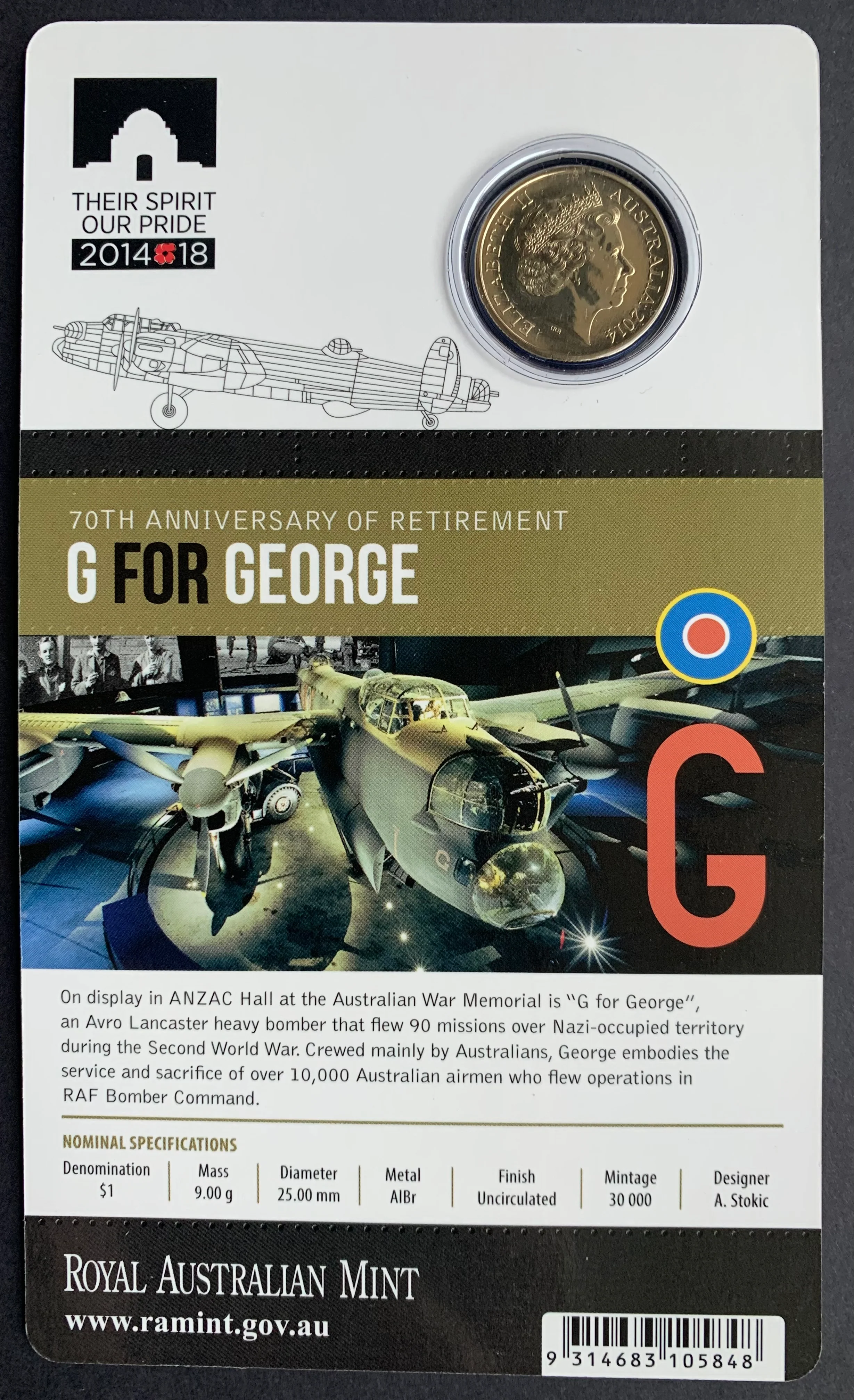 Australia 2014 Royal Australian Mint $1 70th anniversary of the retirement G For George Bomber carded Uncirculated Coin - Image 2