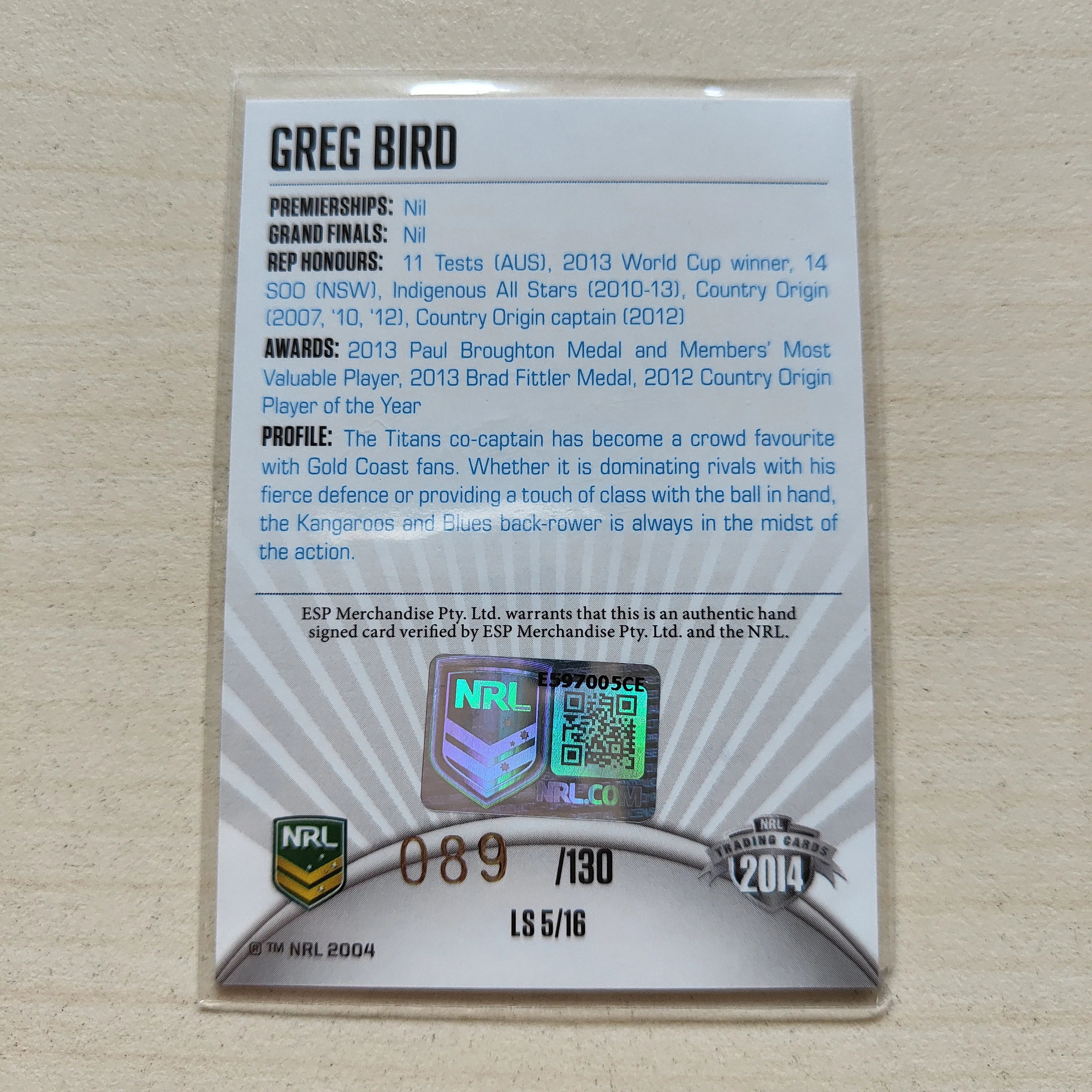 2014 NRL Elite League Sensations Signature Card Greg Bird Titans - Image 2