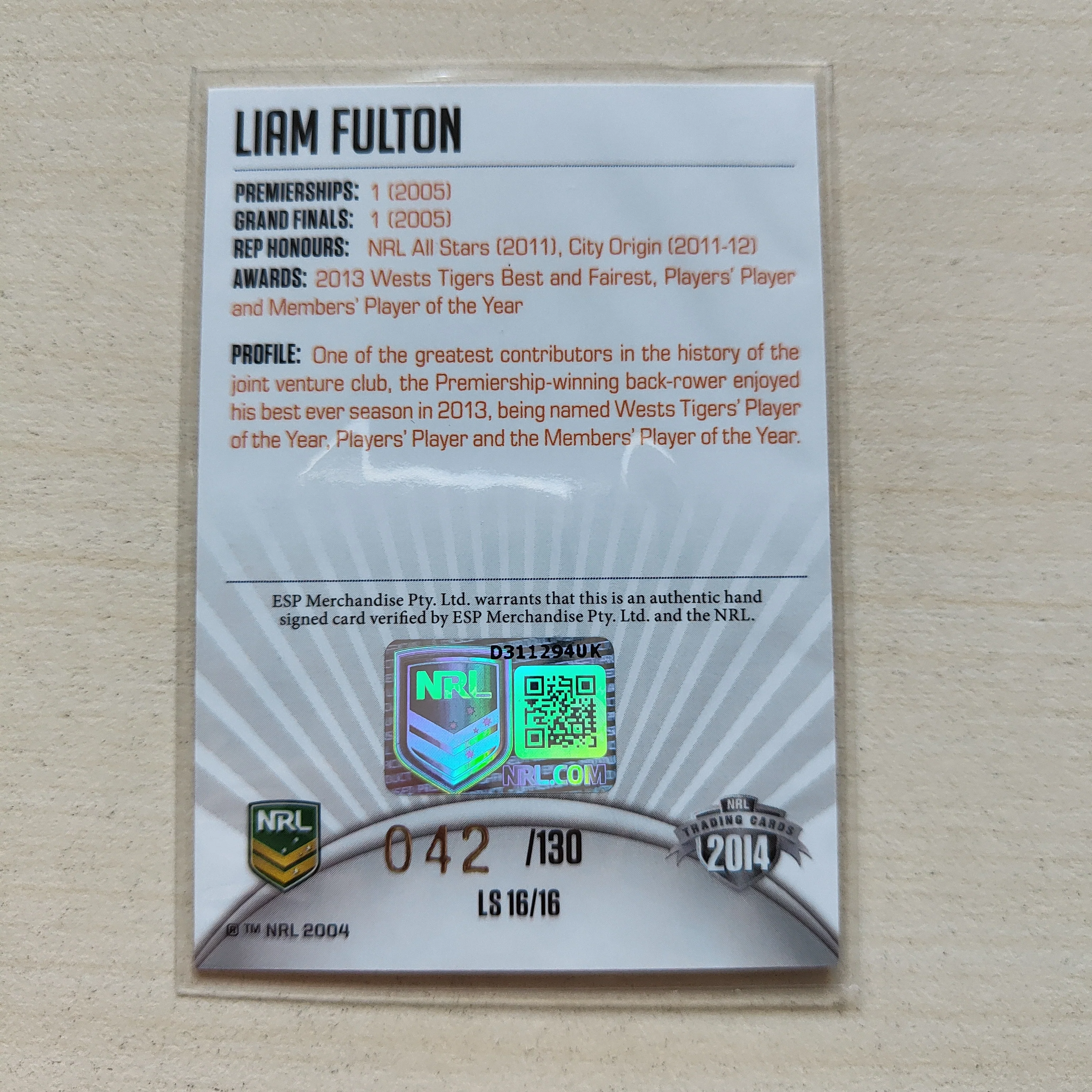 2014 NRL Elite League Sensations Signature Card Liam Fulton Tigers - Image 2