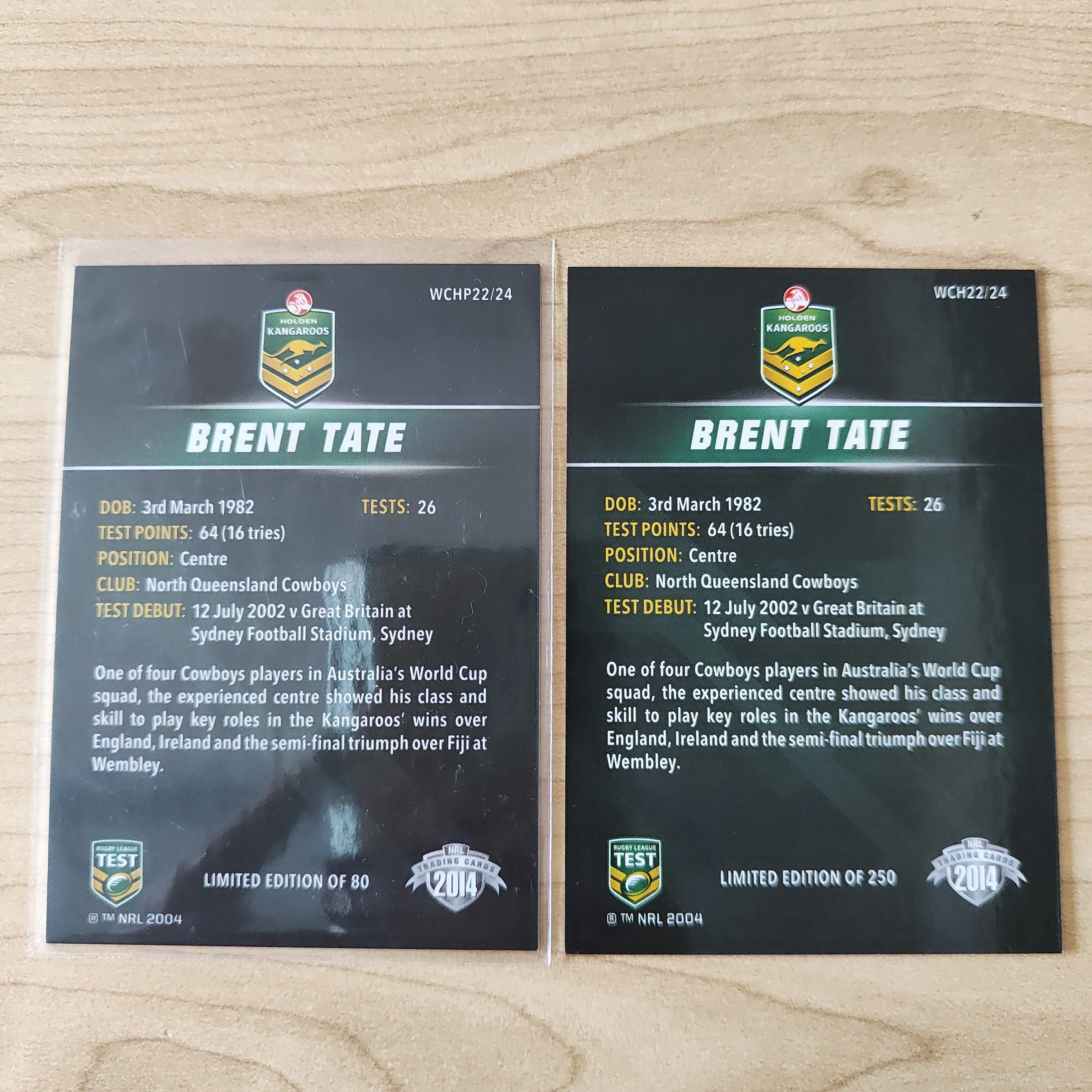 2014 NRL Elite World Cup Heroes Brent Tate Base and Platinum Card - Image 2