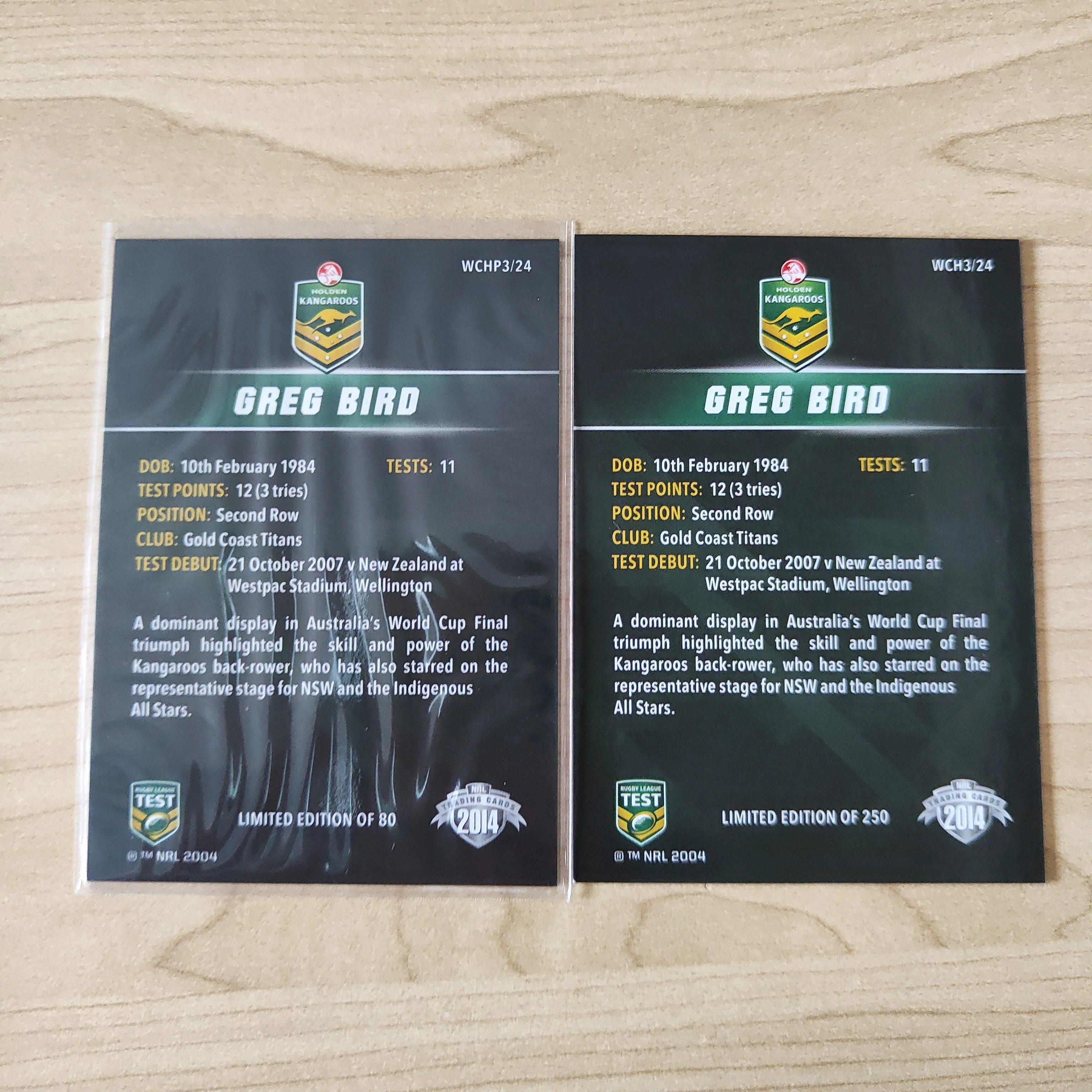 2014 NRL Elite World Cup Heroes Greg Bird Base and Platinum Card - Image 2