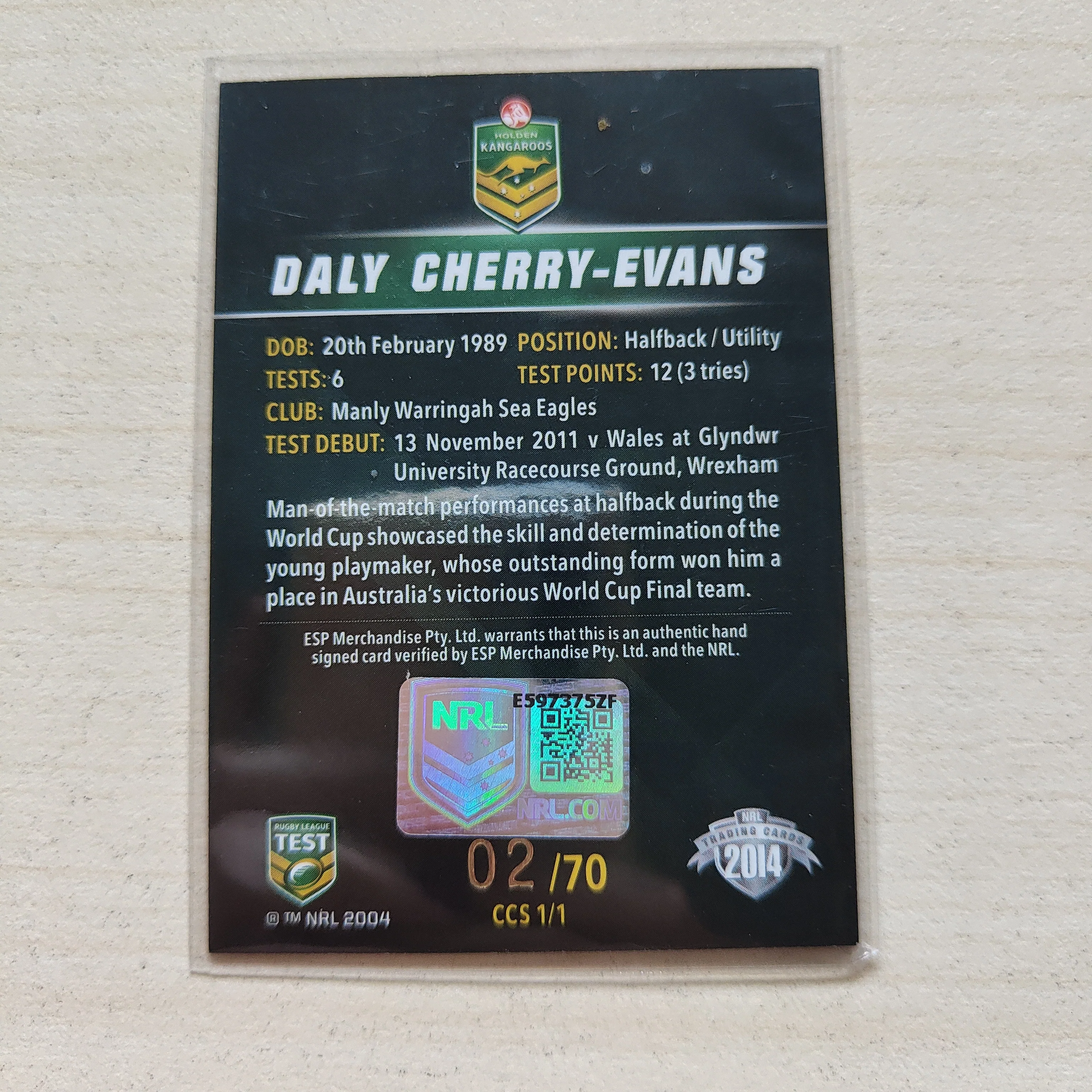 2014 NRL Elite World Cup Heroes Signature Card Daly Cherry-Evans LOW NUMBER - Image 2
