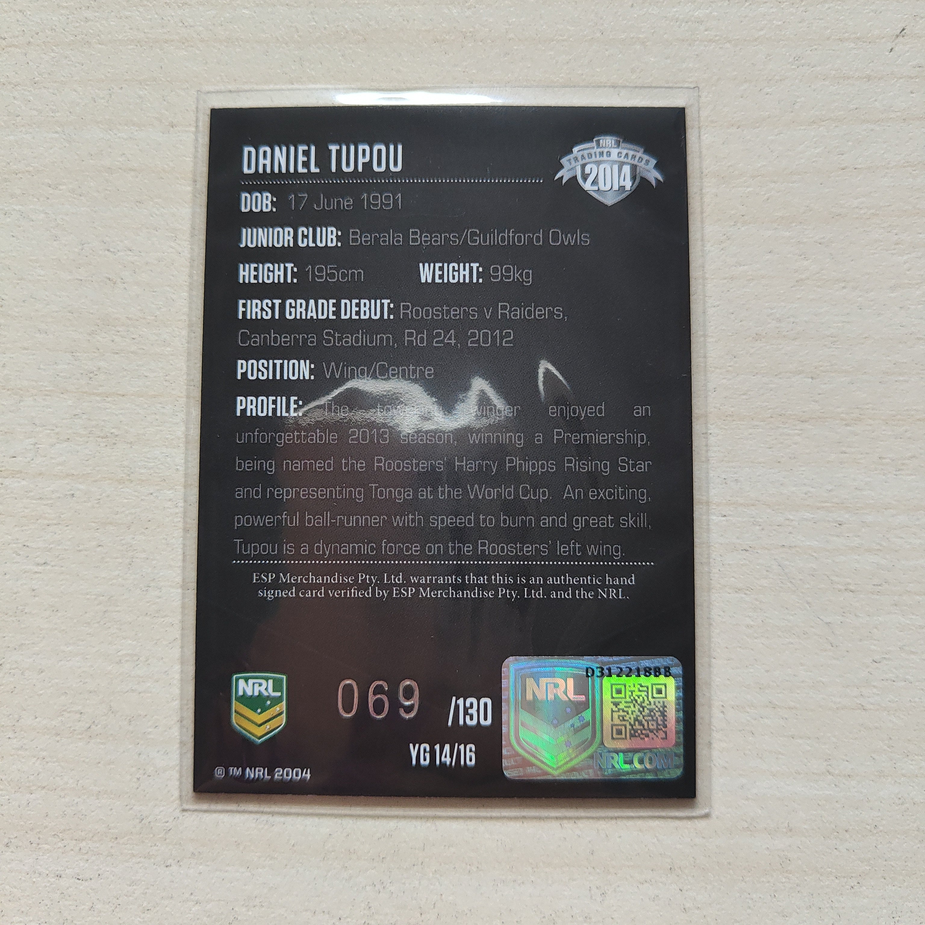 2014 NRL Elite Young Guns Signature Card Daniel Tupou Roosters - Image 2