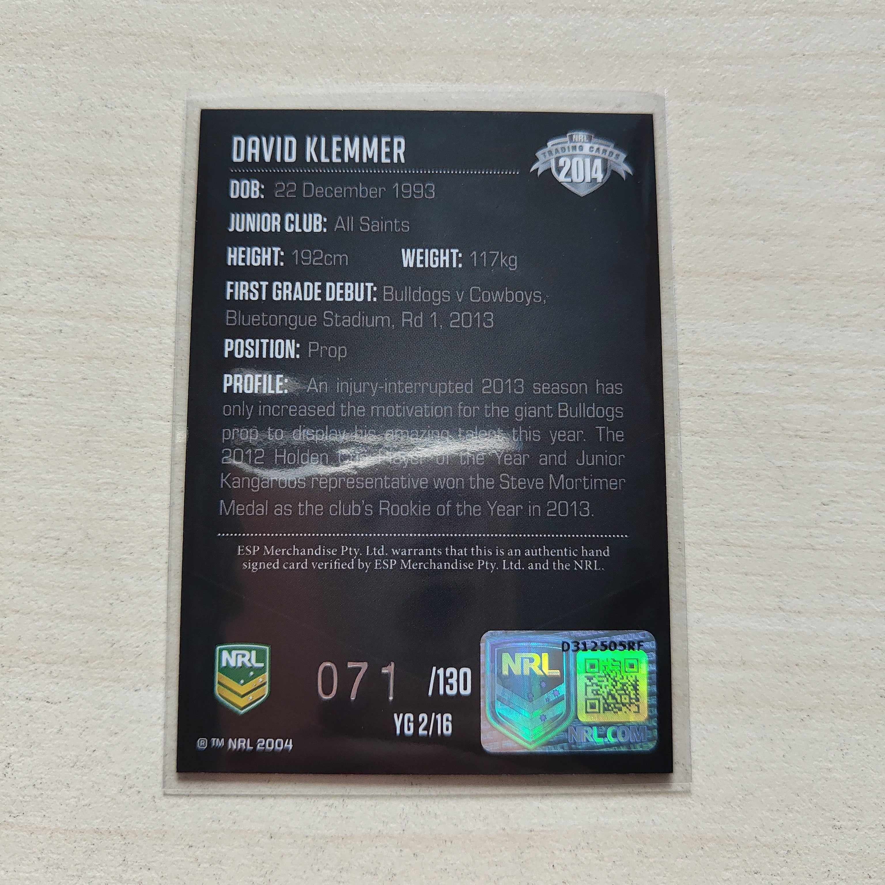 2014 NRL Elite Young Guns Signature Card David Klemmer Bulldogs - Image 2