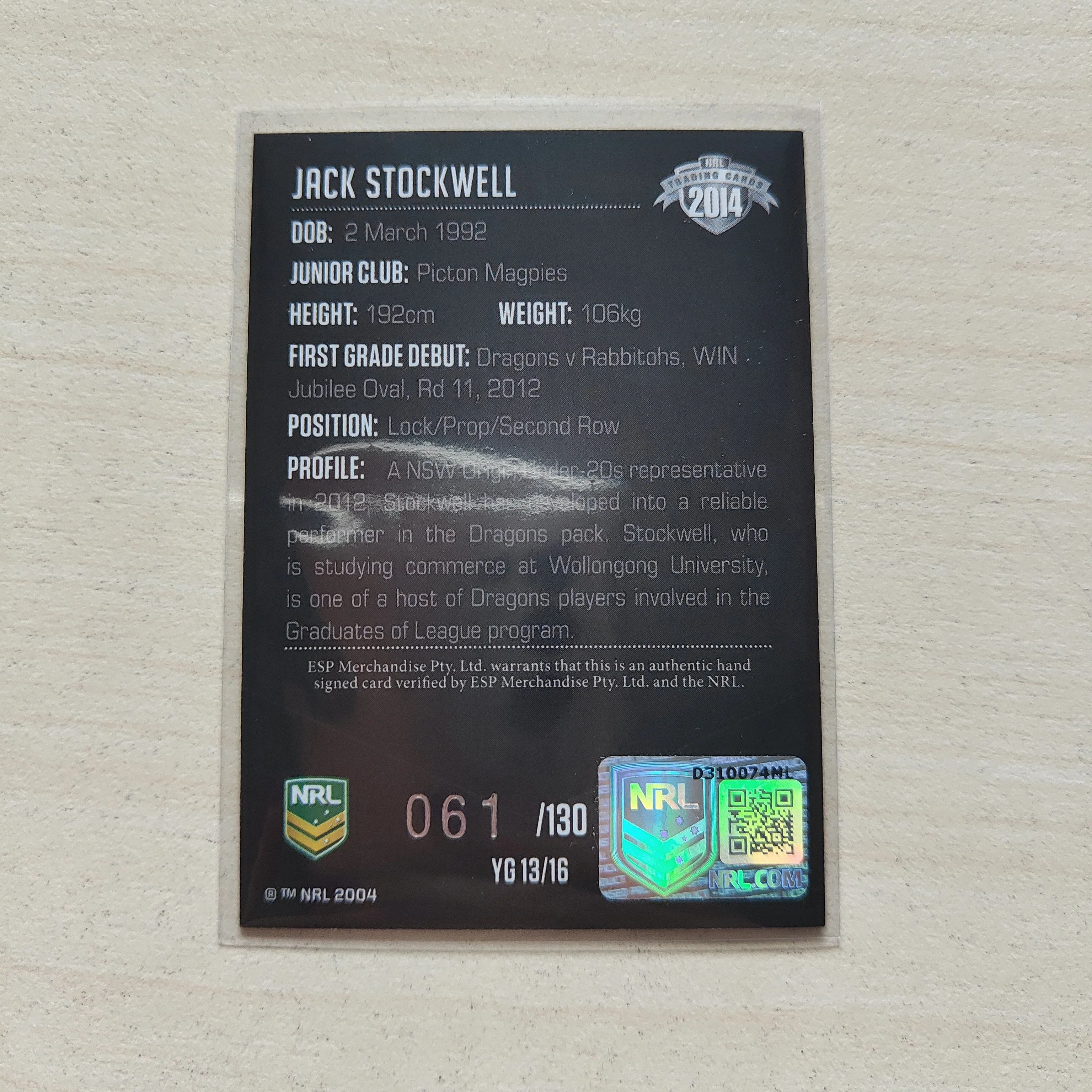 2014 NRL Elite Young Guns Signature Card Jack Stockwell Illawarra - Image 2
