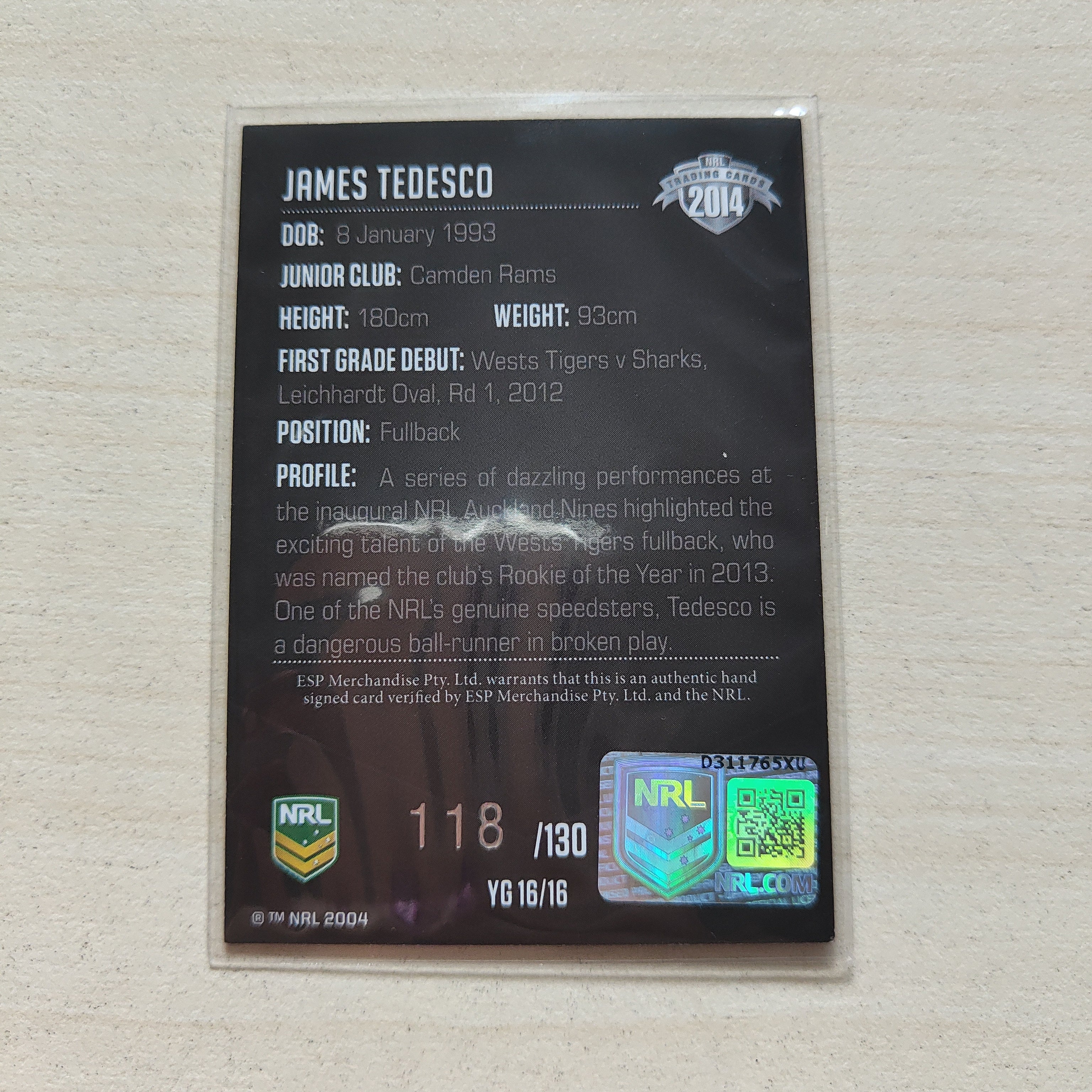 2014 NRL Elite Young Guns Signature Card James Tedesco Tigers - Image 2