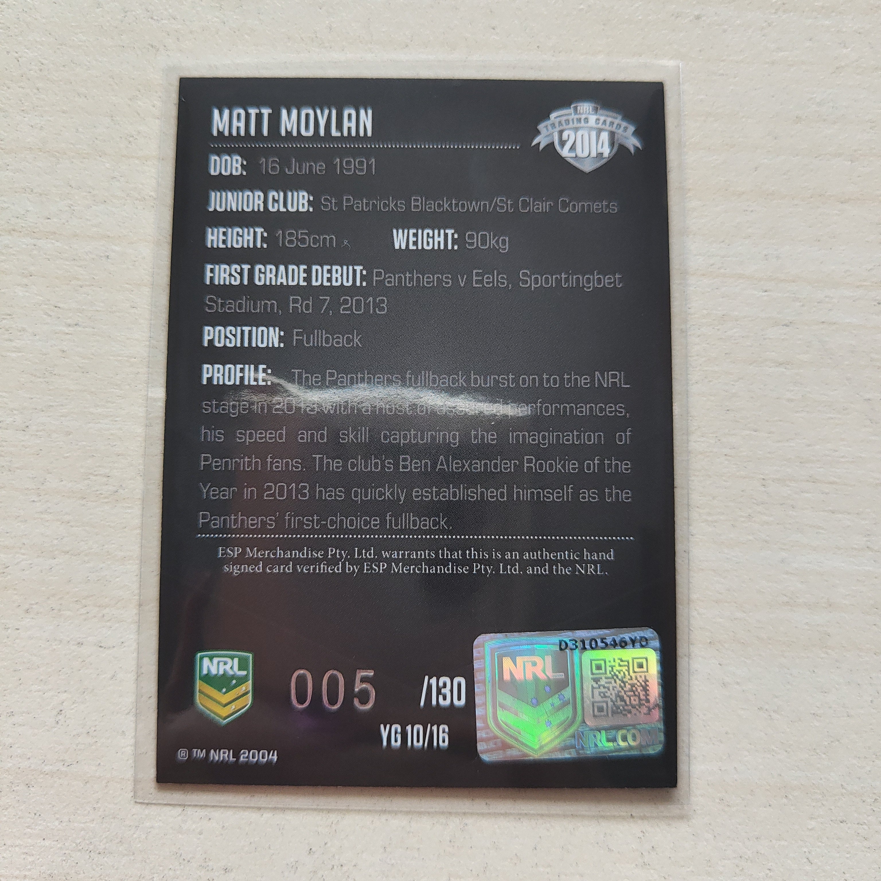2014 NRL Elite Young Guns Signature Card Matt Moylan Panthers LOW NUMBER - Image 2