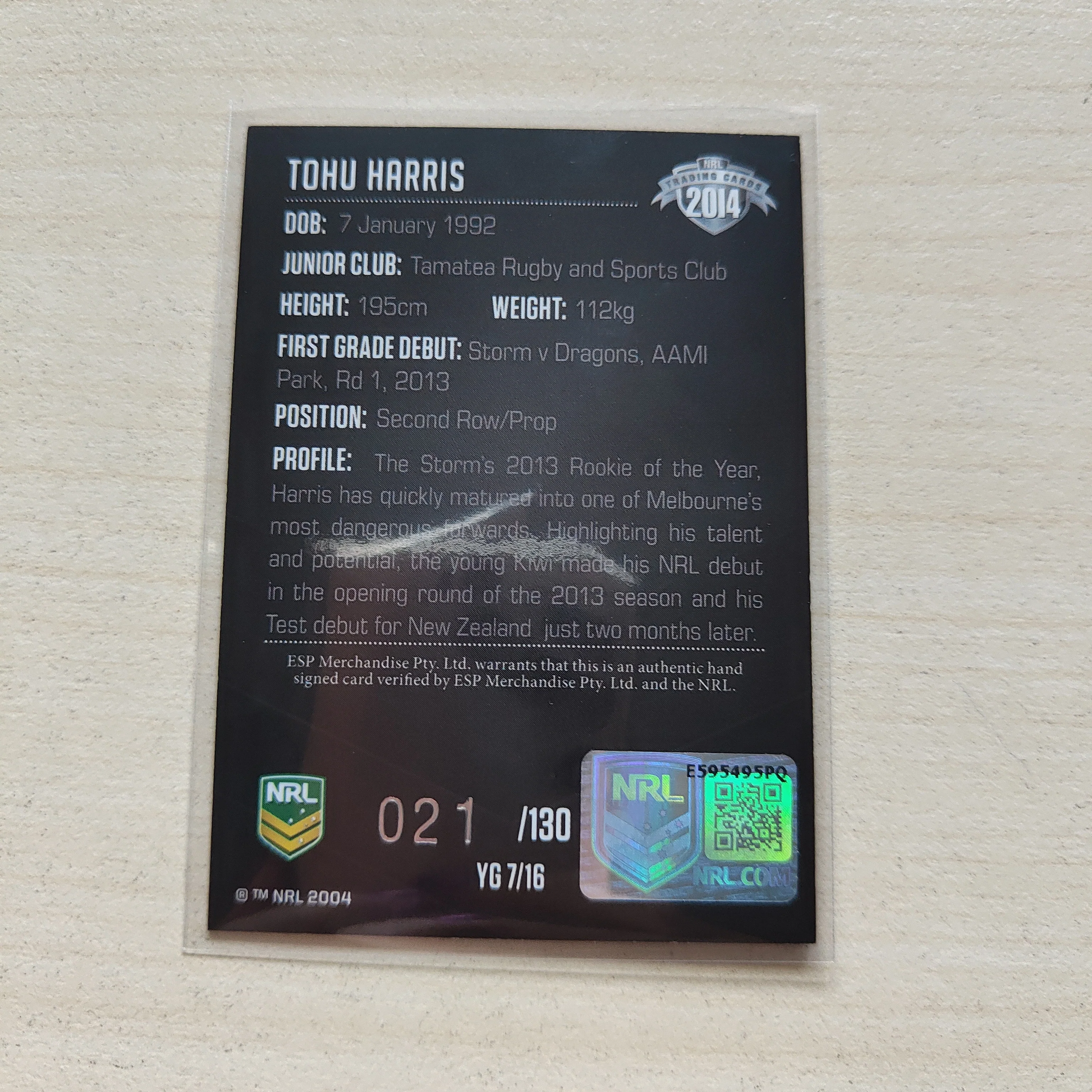 2014 NRL Elite Young Guns Signature Card Tohu Harris Storm - Image 2
