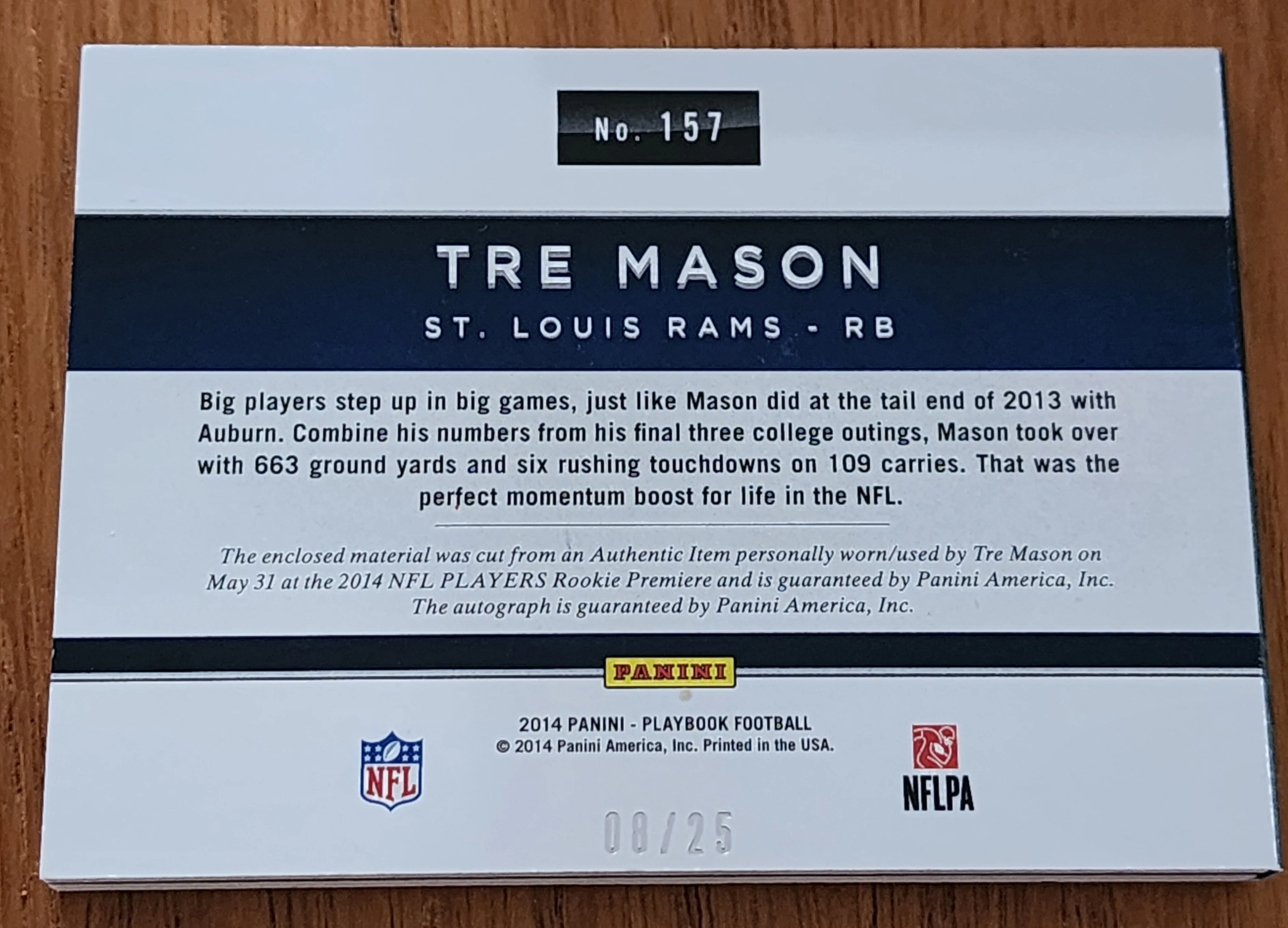 2014 PANINI PLAYBOOK TRE MASON RC AUTO LOGO PATCH 08/25 - Image 3