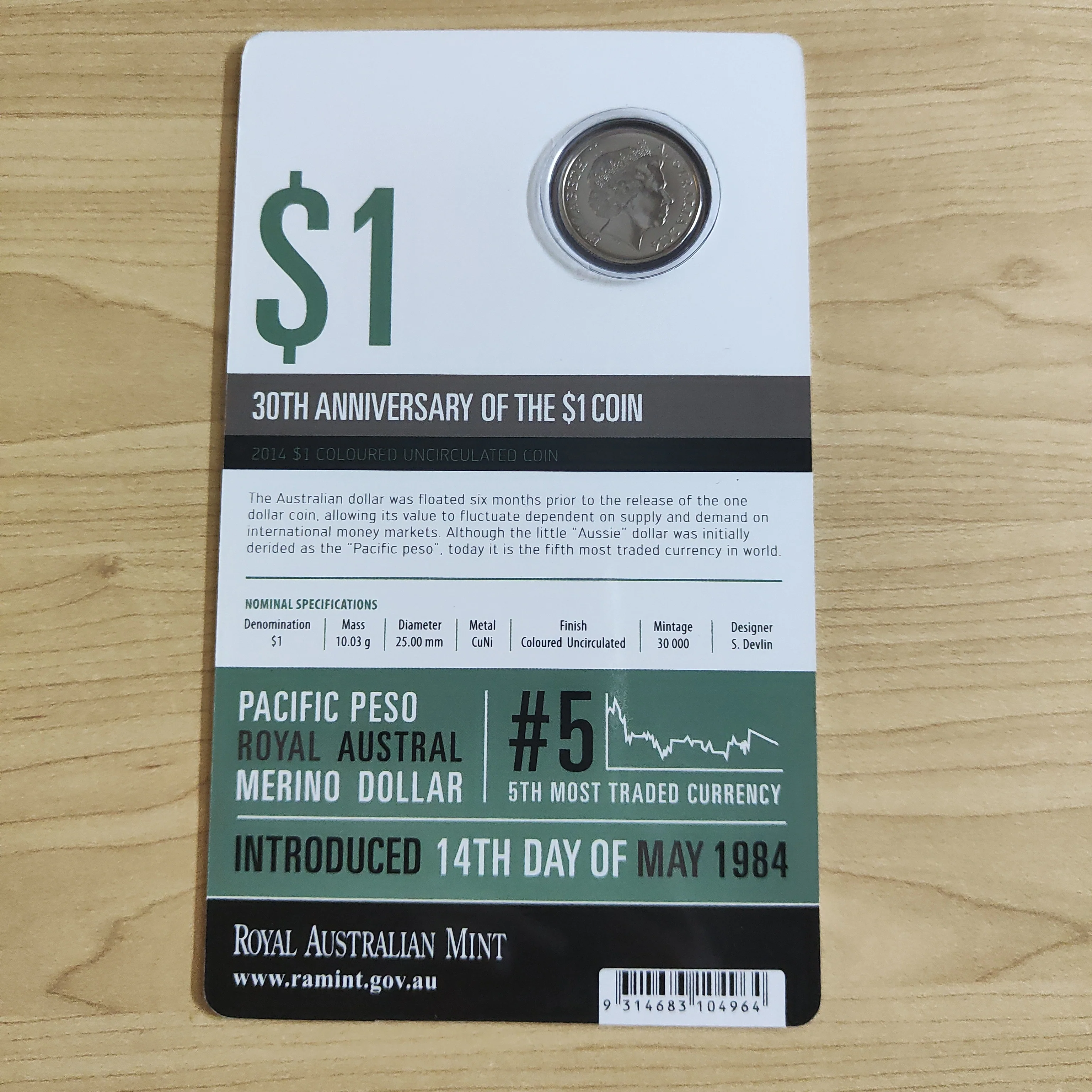 Australia 2014 Royal Australian Mint $1 30th Anniversary of the Dollar Coin Coloured Uncirculated $1 Carded Coin - Image 2