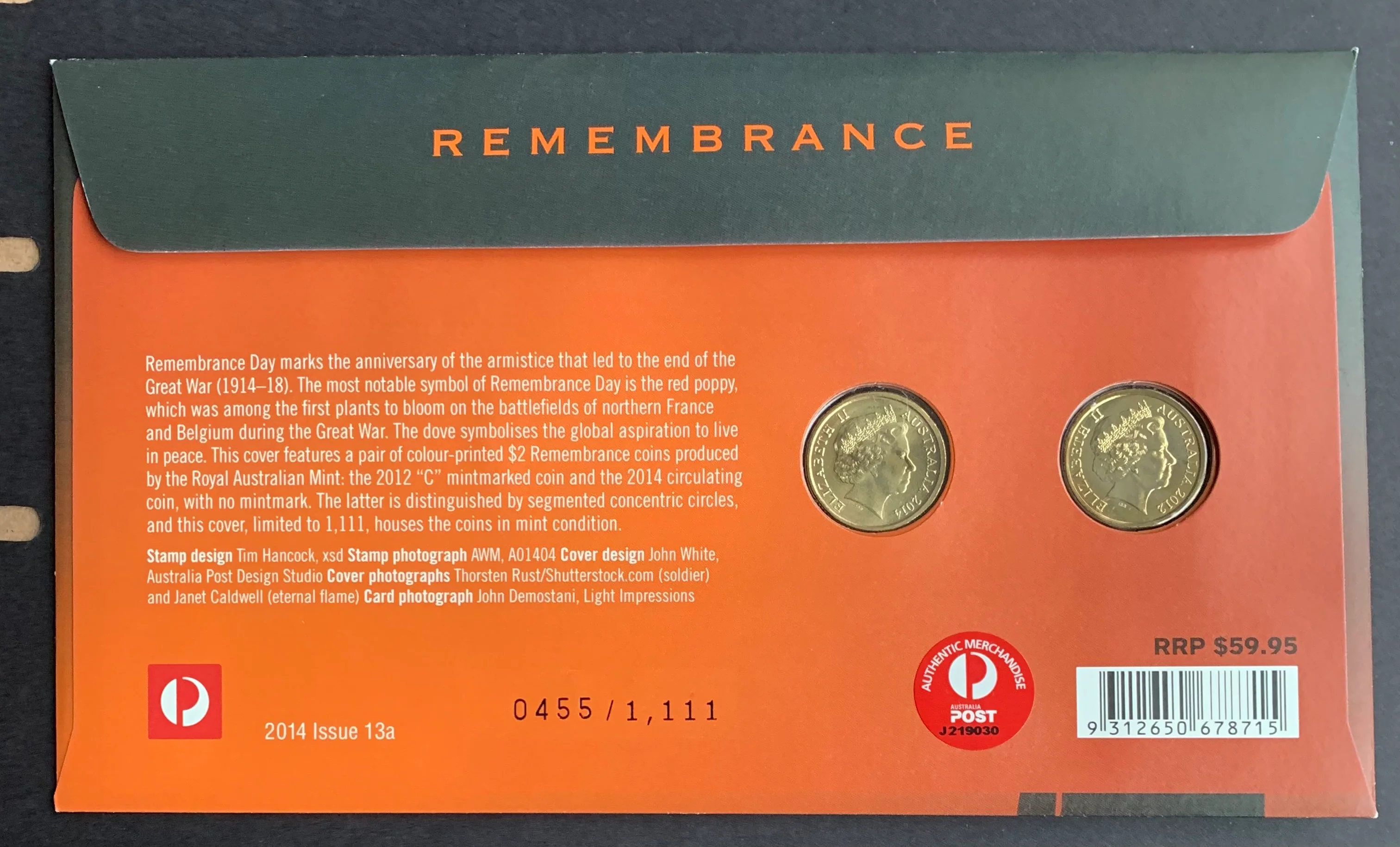 2014 Remembrance Day $2 Coloured Coins 2012 Poppy "C" mintmark $2 & 2014 $2 Ballot PNC - Image 2