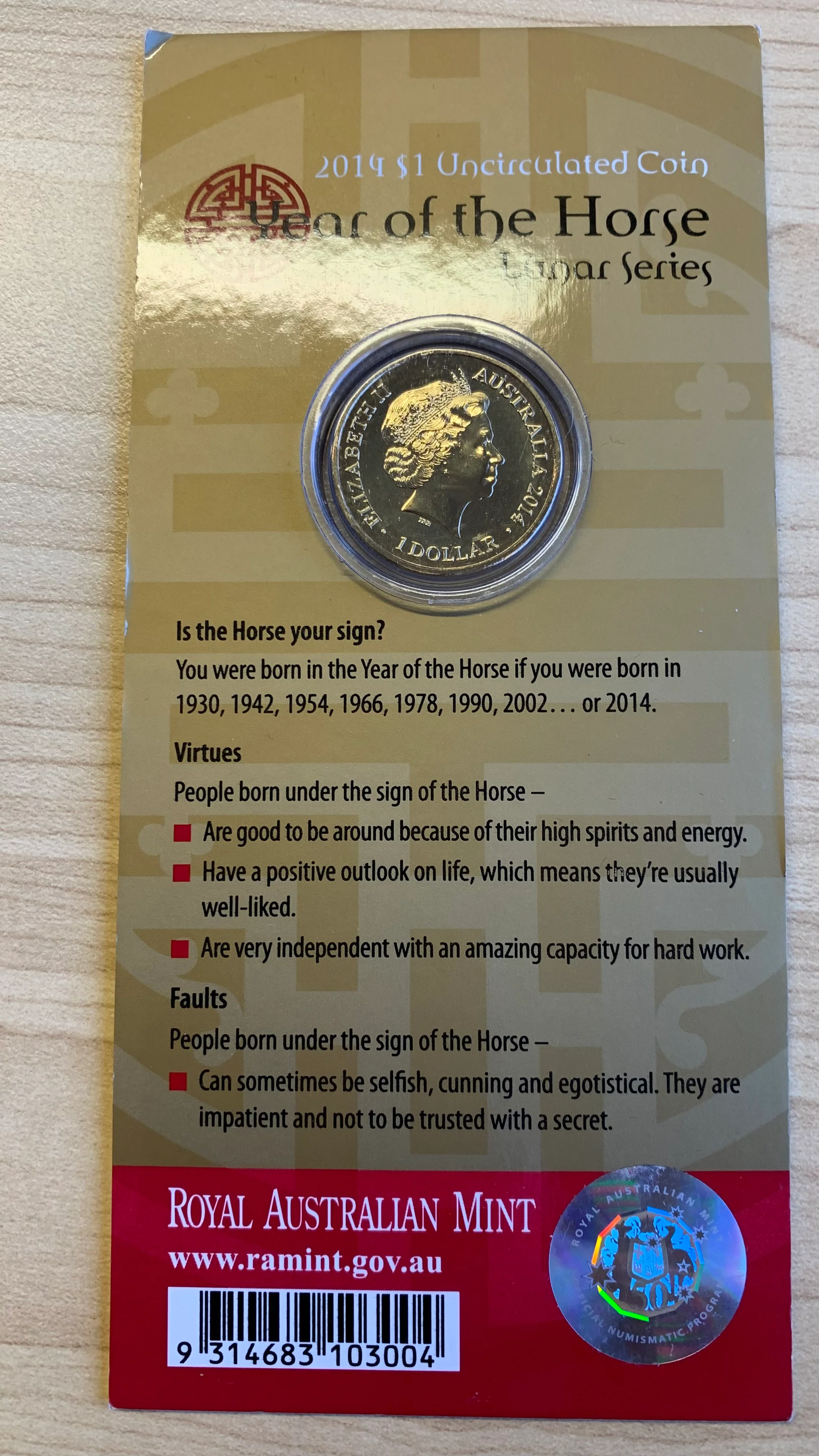 Australia 2014 Royal Australian Mint $1 Lunar New Year of the Horse Coin - Image 2