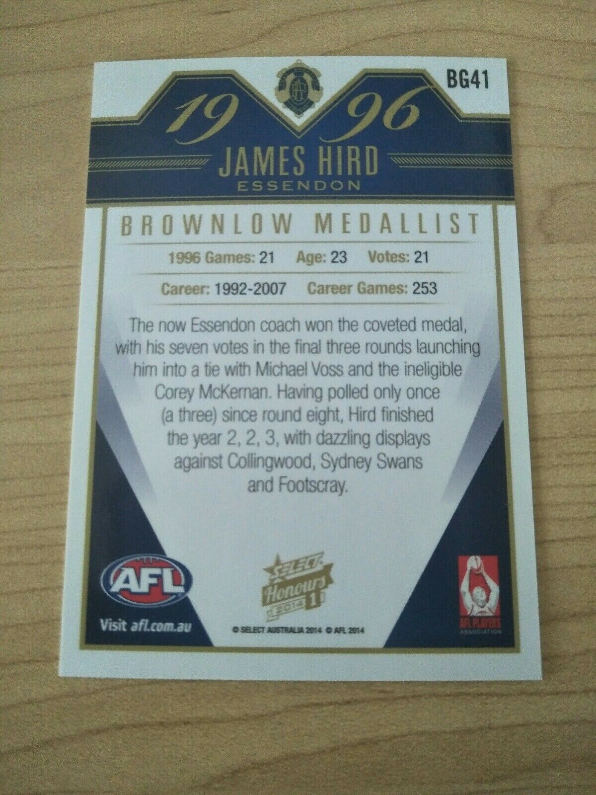 2014 Select AFL Honours Series 1 Promotional Card James Hird Essendon - Image 2