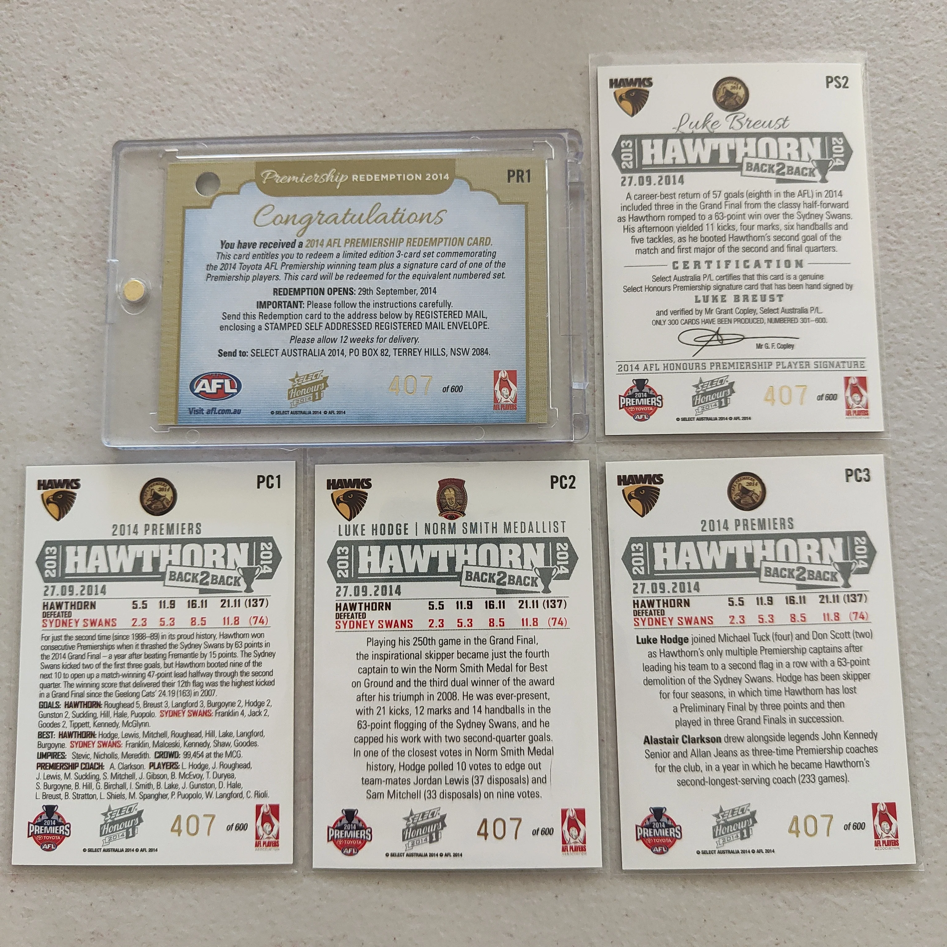 2014 Select Honours 1 Hawthorn Premiership Luke Breust Signature 4 Card Set + Redemption - Image 2