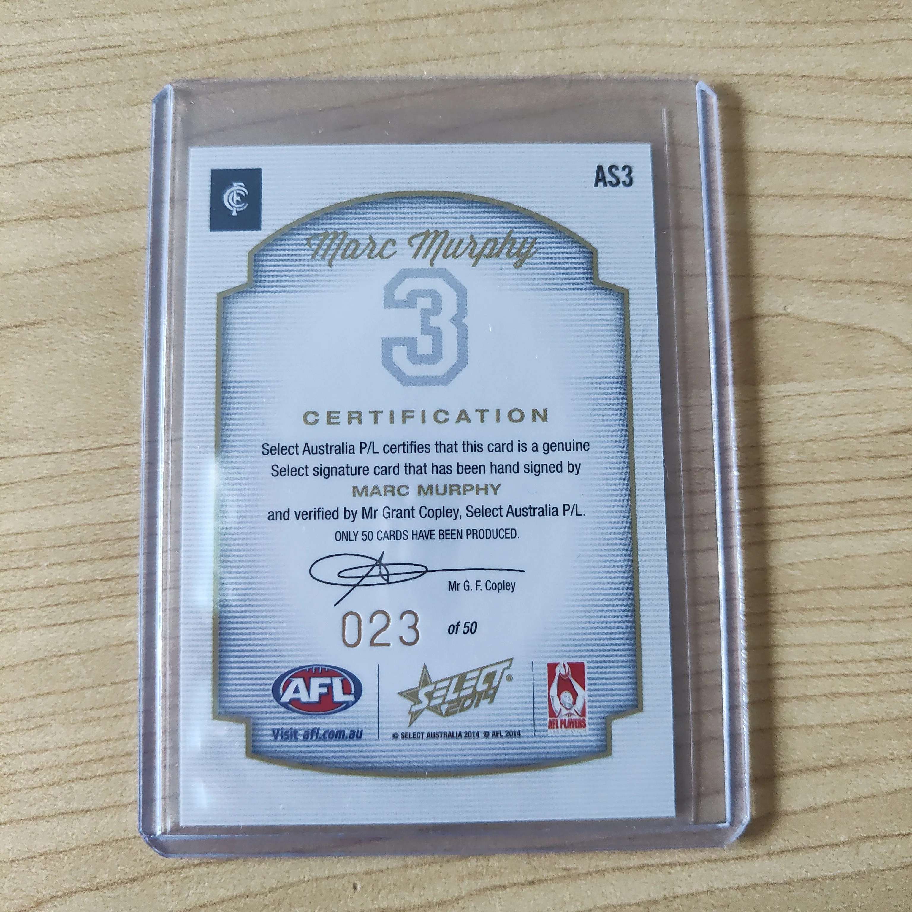 2014 Select Marc Murphy Carlton Signature Card No.23/50 - Image 2