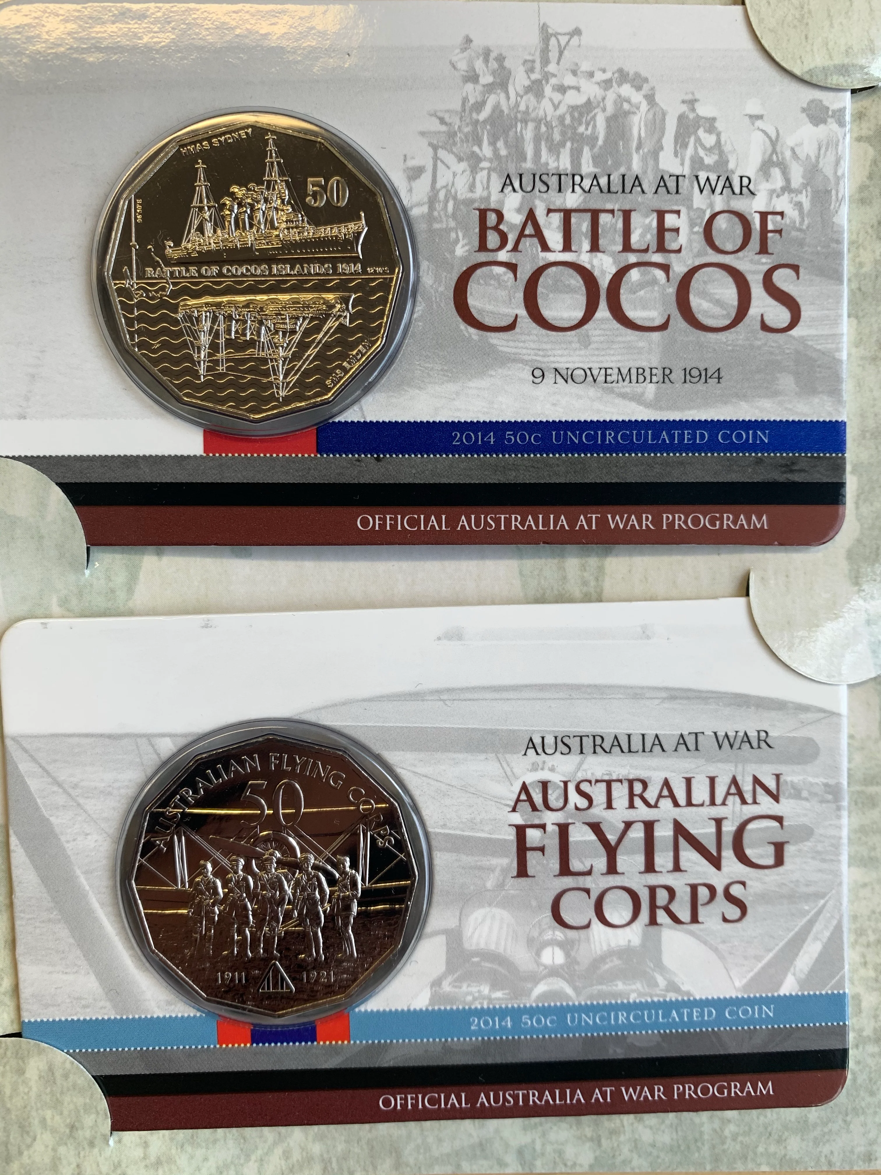 Australia 2014 - 2016 Royal Australian Mint Fifty Cents 50c Australians at War set of 18 Mint Coins on cards as issued - Image 2