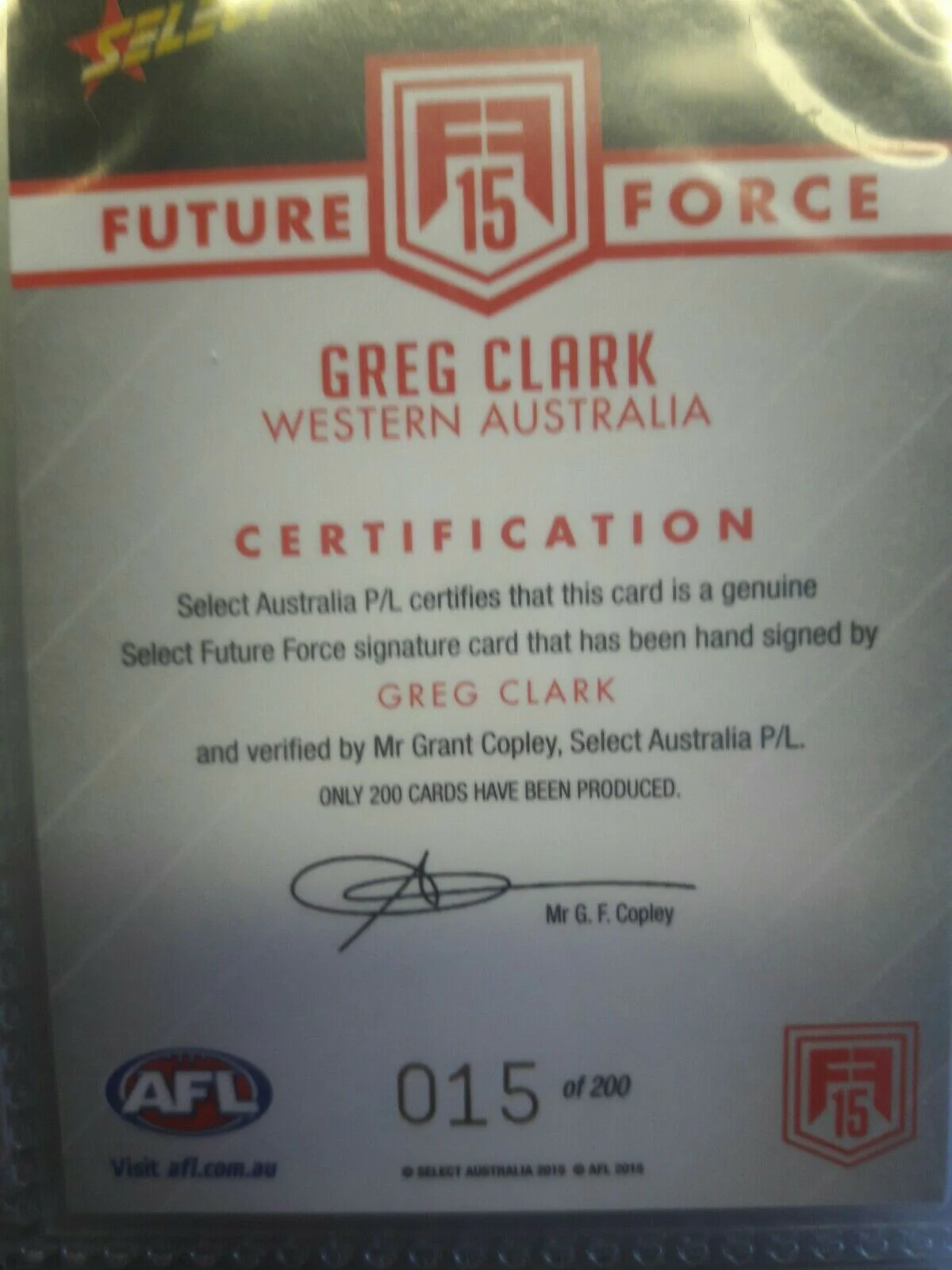 2015 AFL Future Force Black Signature Card FFRS34 Greg Clark #15 - Image 2