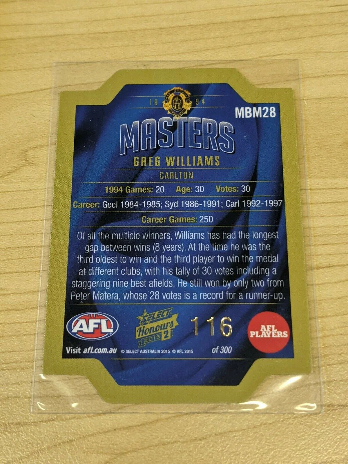 2015 AFL HONOURS 2 THE MASTERS DIE CUT CARD MBM28 GREG WILLIAMS 116/300 - Image 2