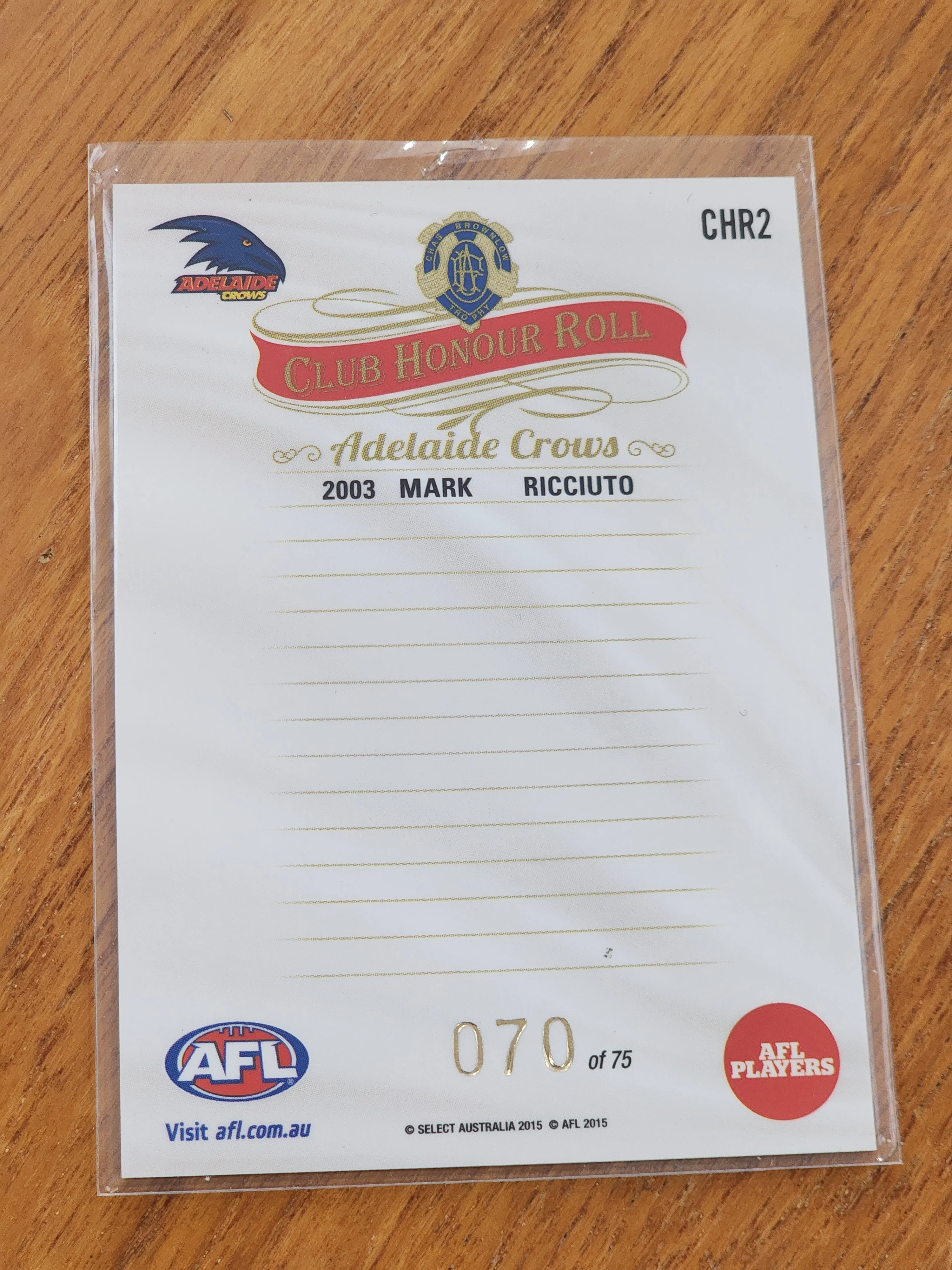 2015 AFL Select Honours 2 Club Honour Roll Mark Ricciuto Adelaide Crows CHR2 70/75 - Image 2