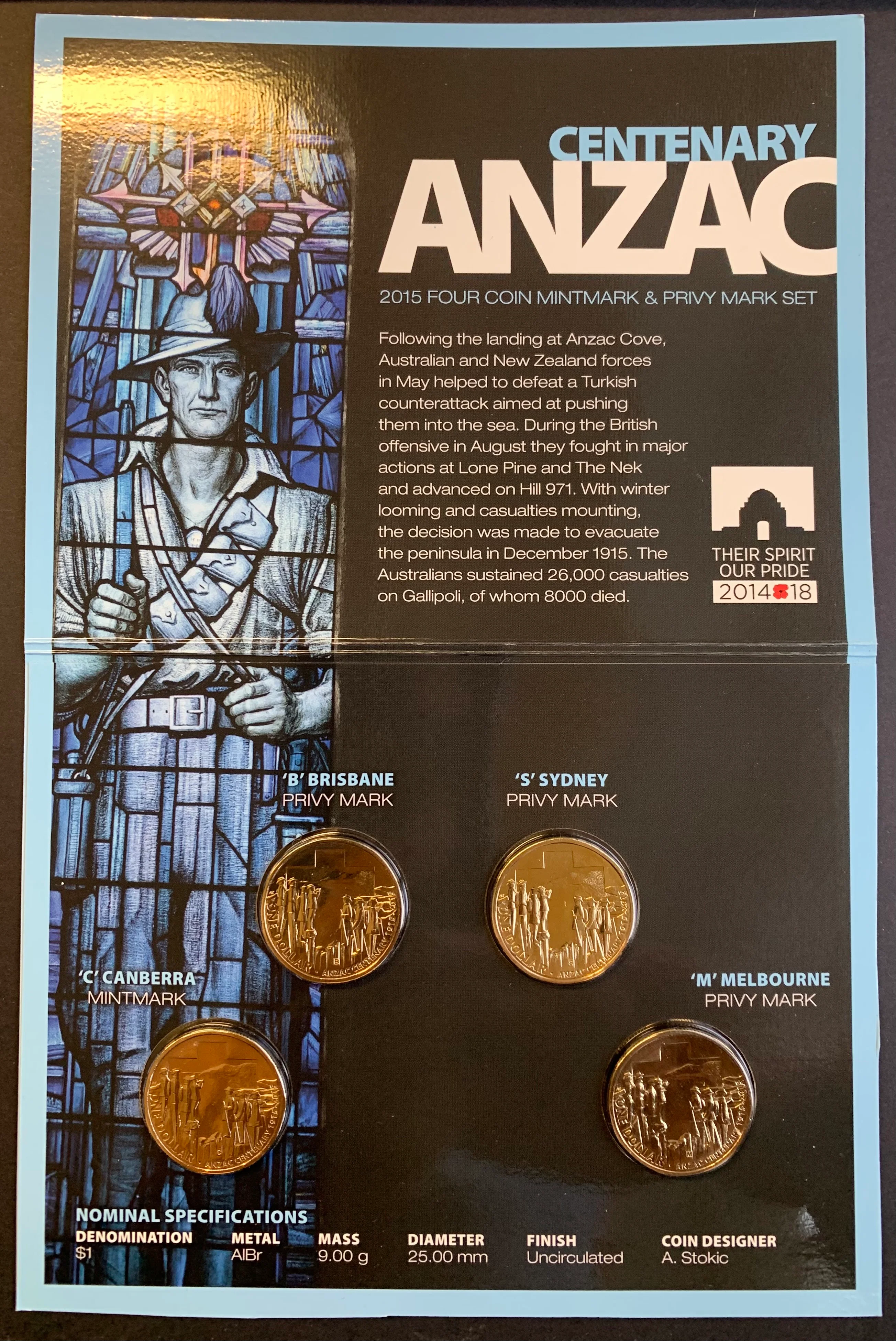 Australia 2015 Royal Australian Mint $1 ANZAC CENTENARY DOLLAR Uncirculated Privy Mark Set of 4 - Image 2