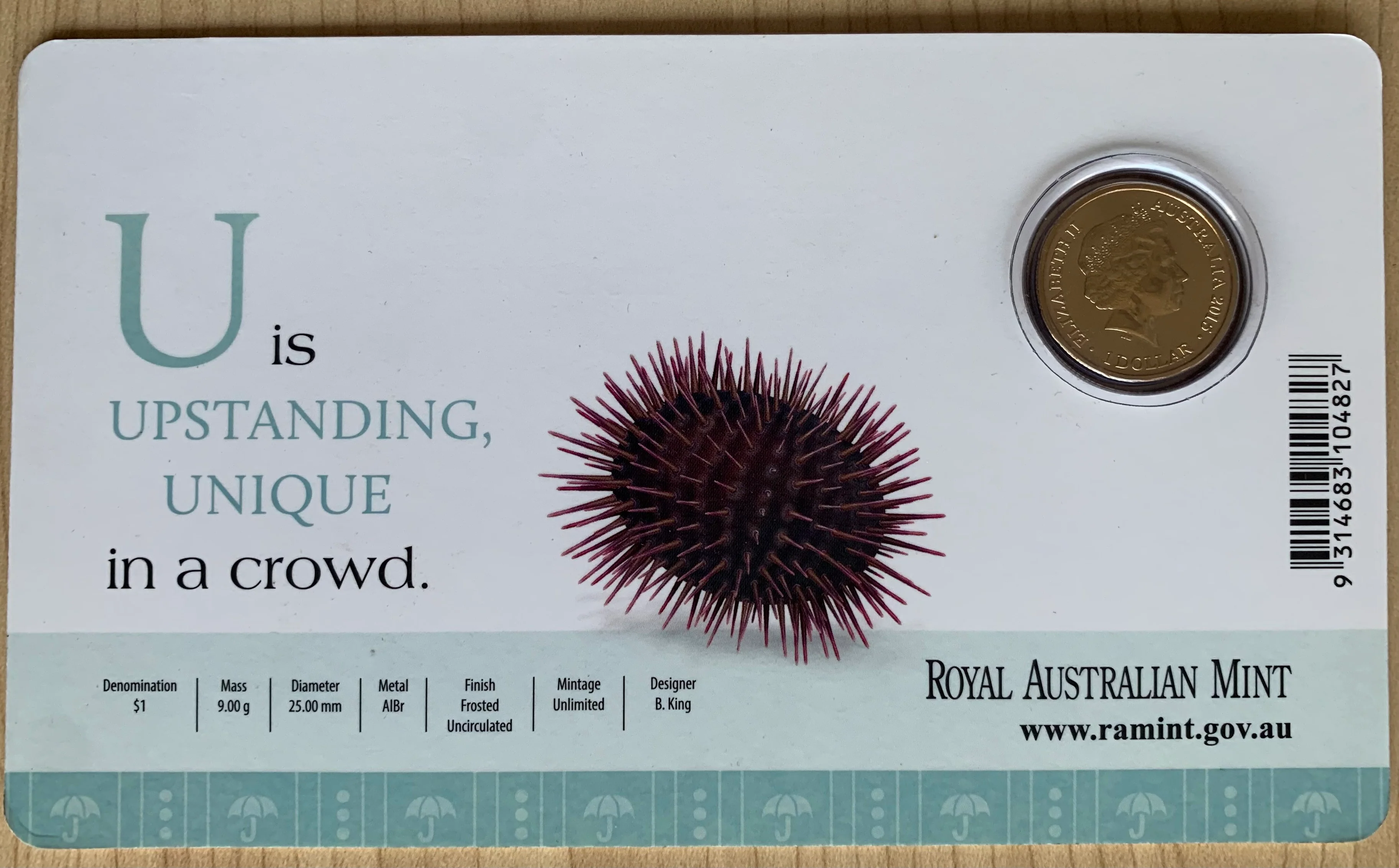 Australia 2015 Aussie Alphabet Coloured $1 coin "U" Sea Urchin - Image 2