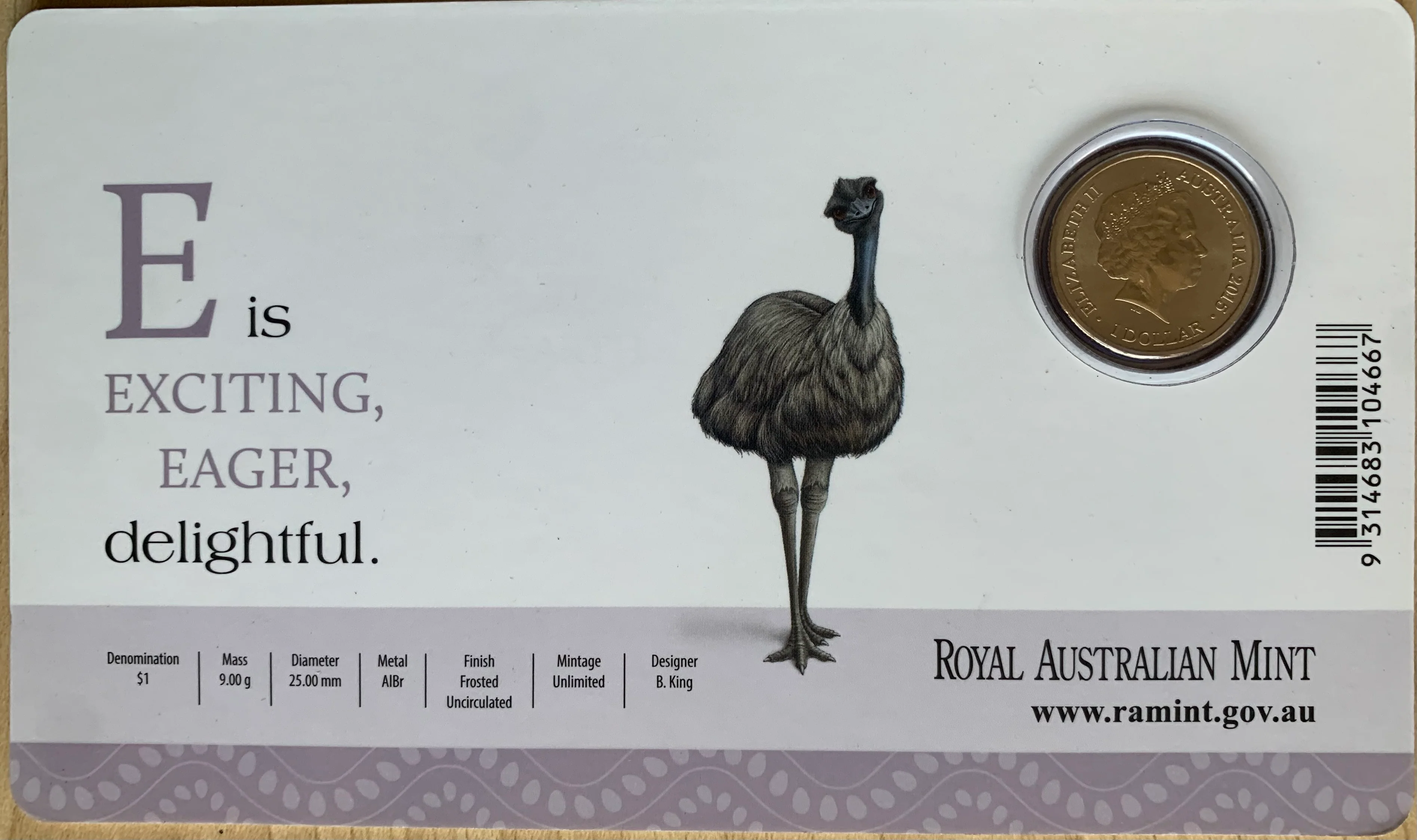 2015 Aussie Alphabet Coloured $1 coins "E" Emu - Image 2