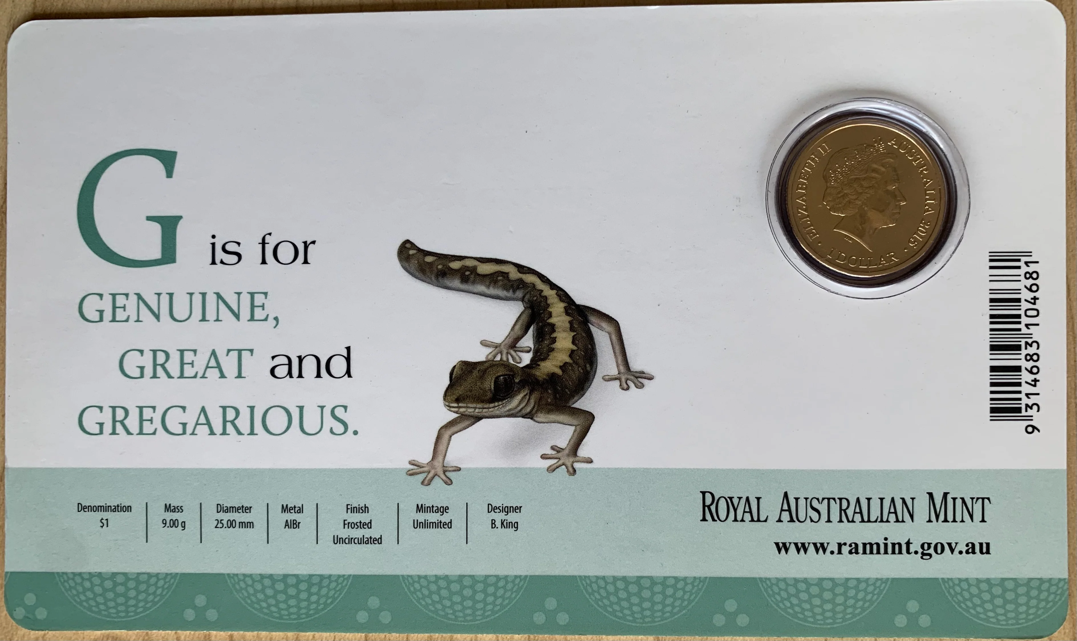 2015 Aussie Alphabet Coloured $1 coins "G" Gecko - Image 2