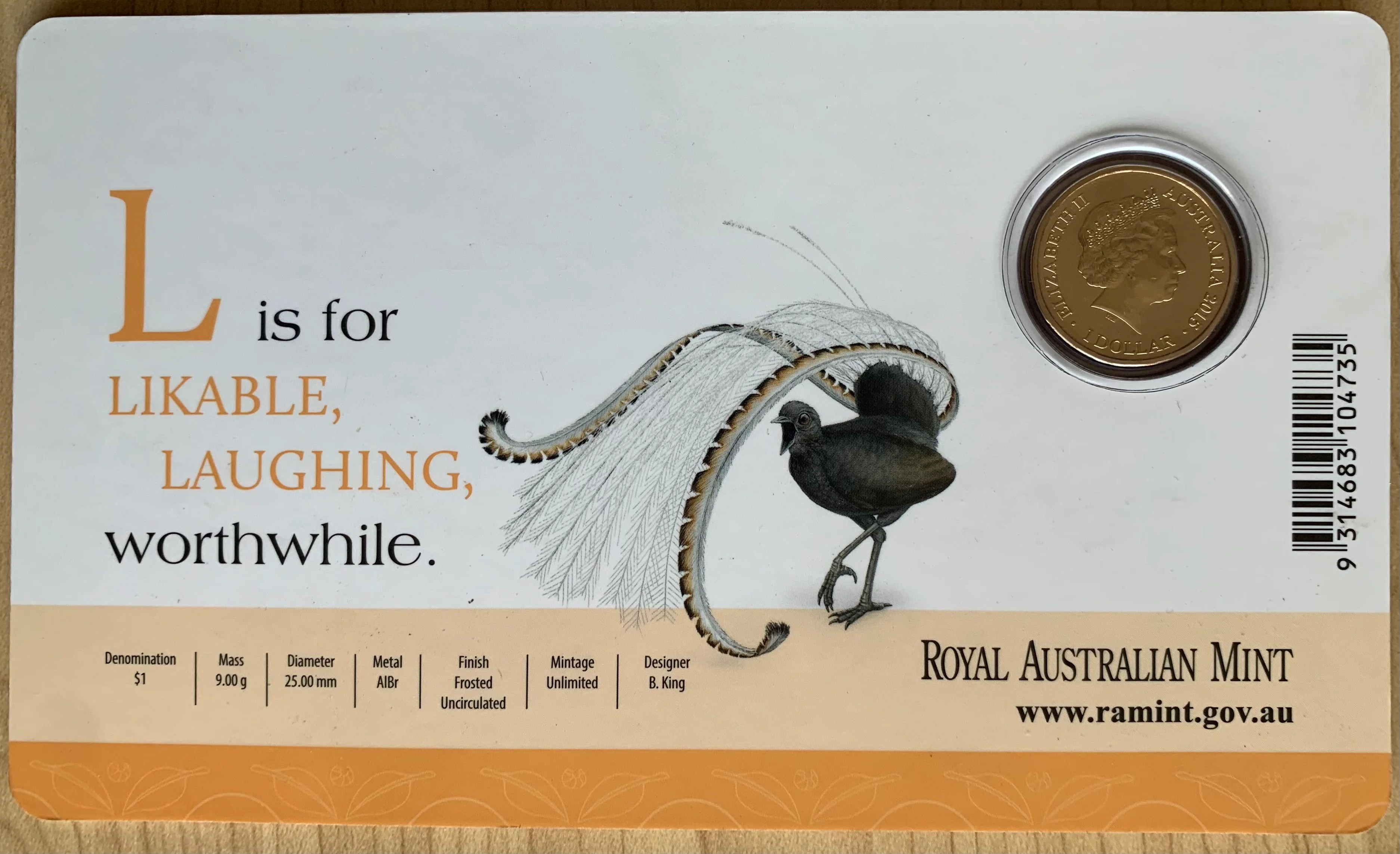 2015 Aussie Alphabet Coloured $1 coins "L" Lyre Bird - Image 2