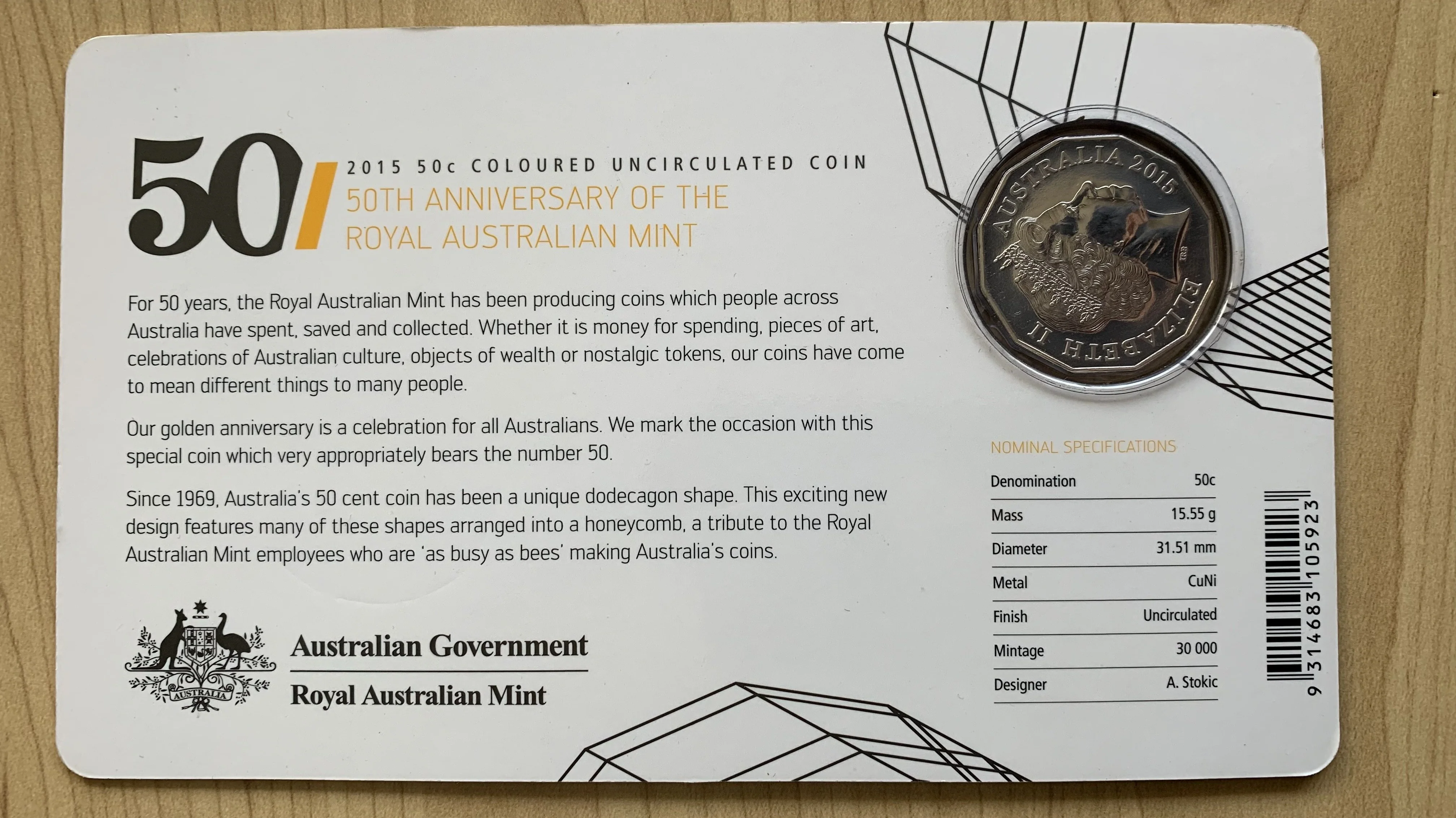 Australia 2015 Royal Australian Mint Fifty Cents 50c 50th Anniversary of RAM coloured 50 Cent Carded Uncirculated Coin - Image 2