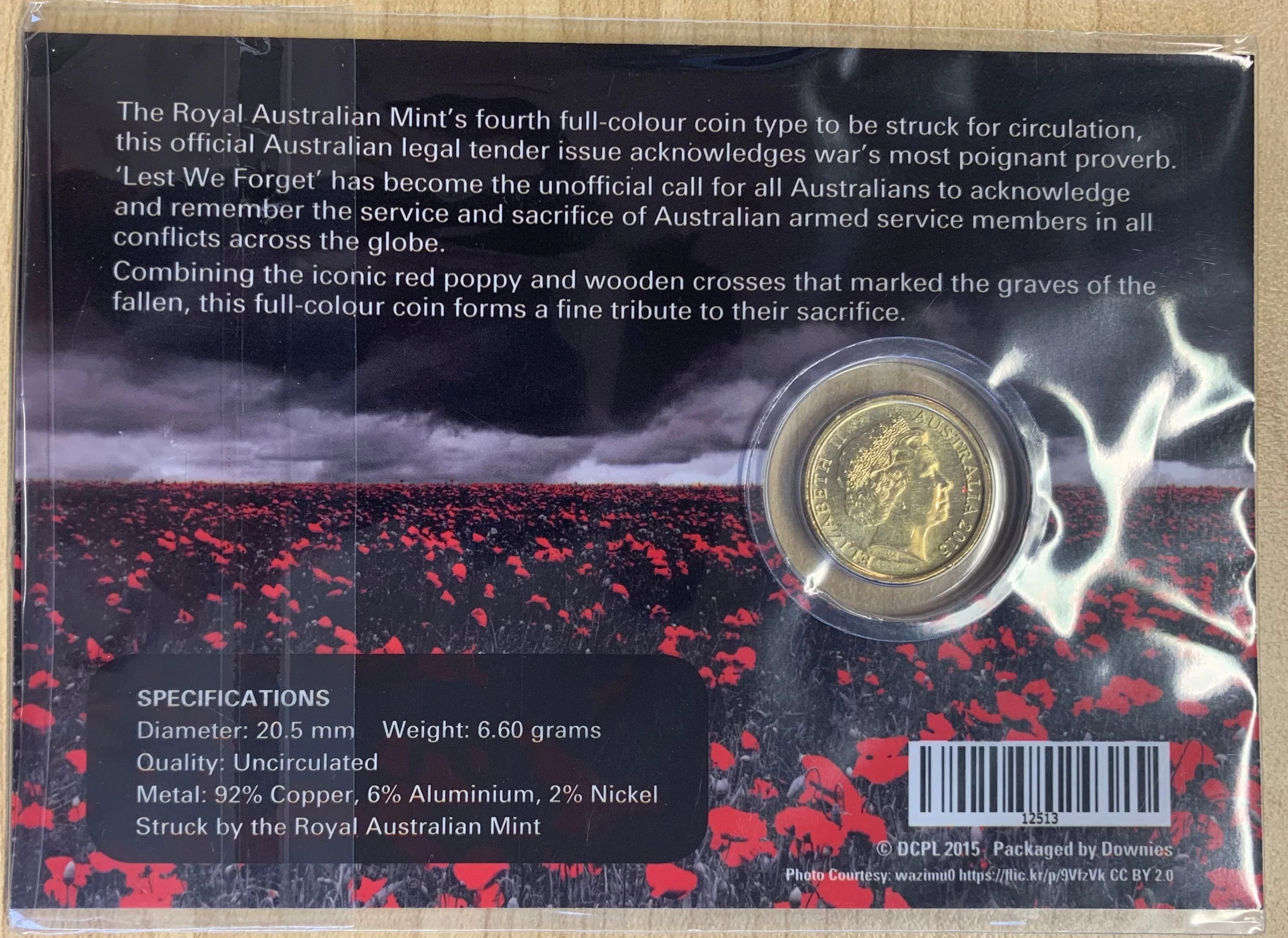 Australia 2015 Royal Australian Mint $2 Coloured Lest We Forget Coin. - Image 2
