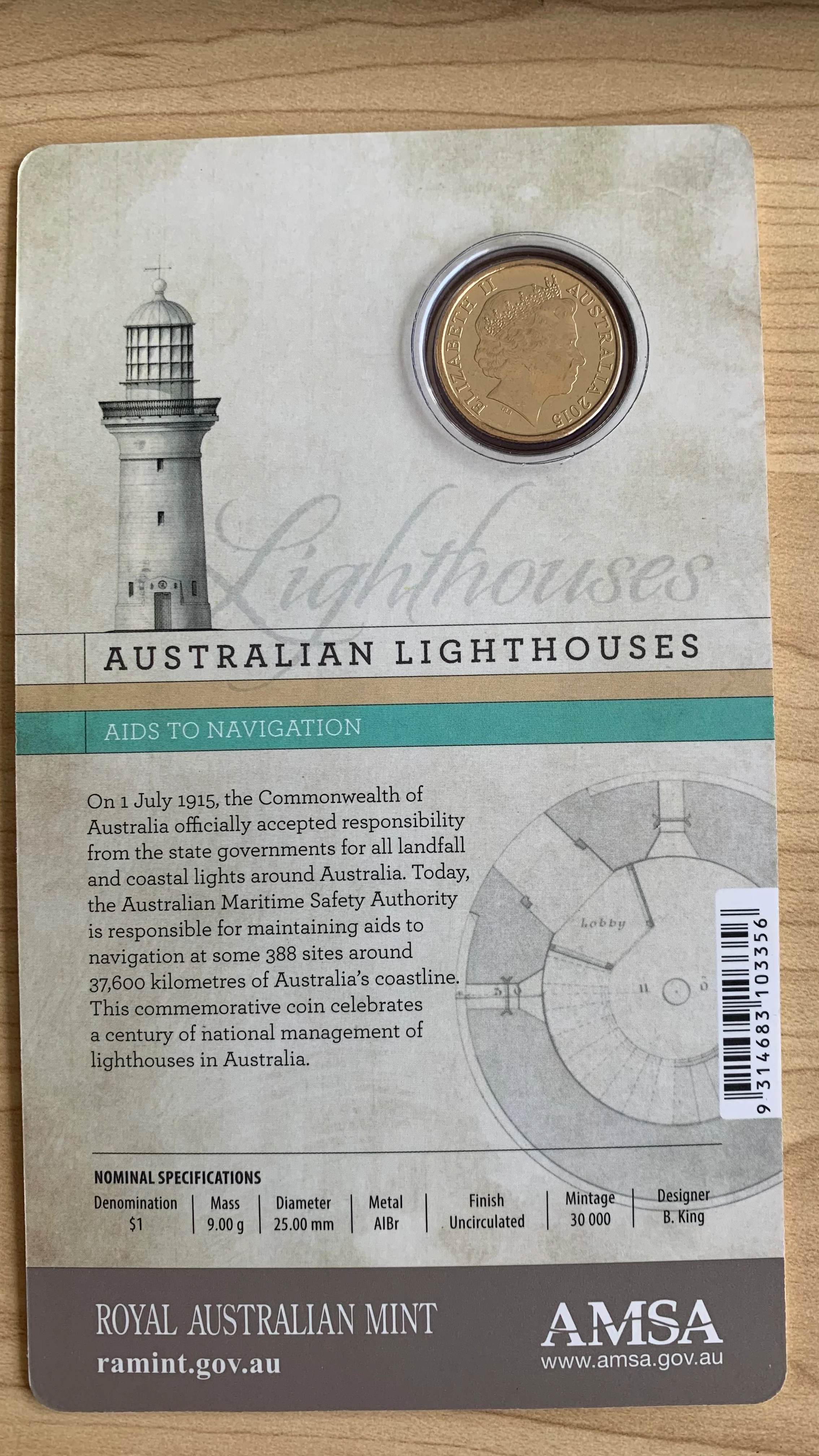 Australia 2015 Royal Australian Mint $1 Lighthouse Uncirculated Carded Coin