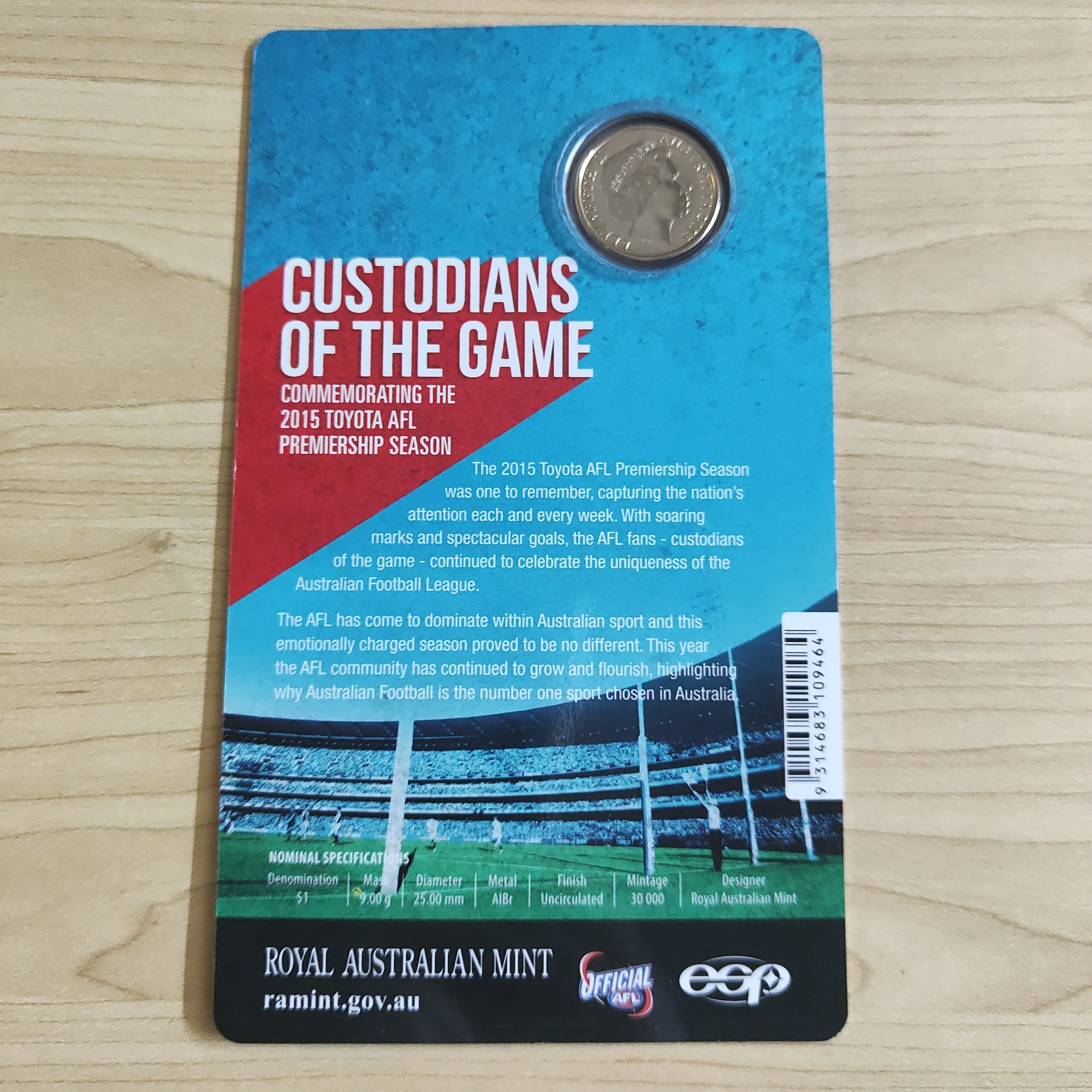 2015 RAM $1 AFL Custodians of the Game Football M Counterstamp Uncirculated Carded Coin - Image 2