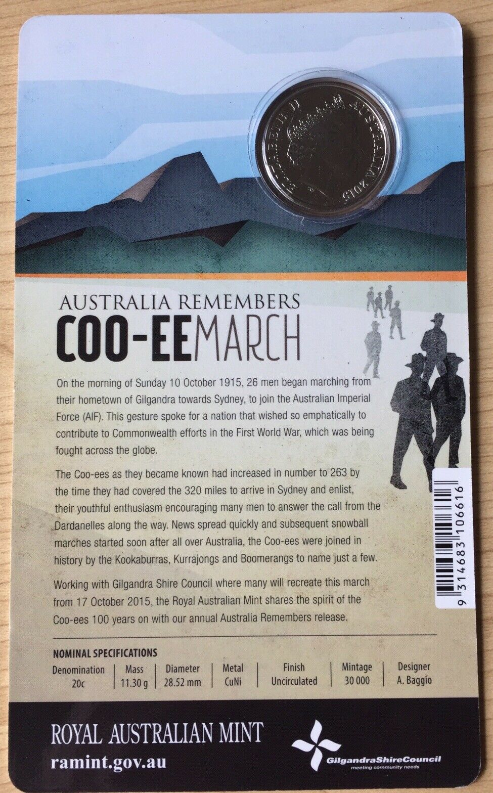 Australia 2015 Royal Australian Mint 20c Australia Remembers Coo-ee March Uncirculated Carded Coin - Image 2