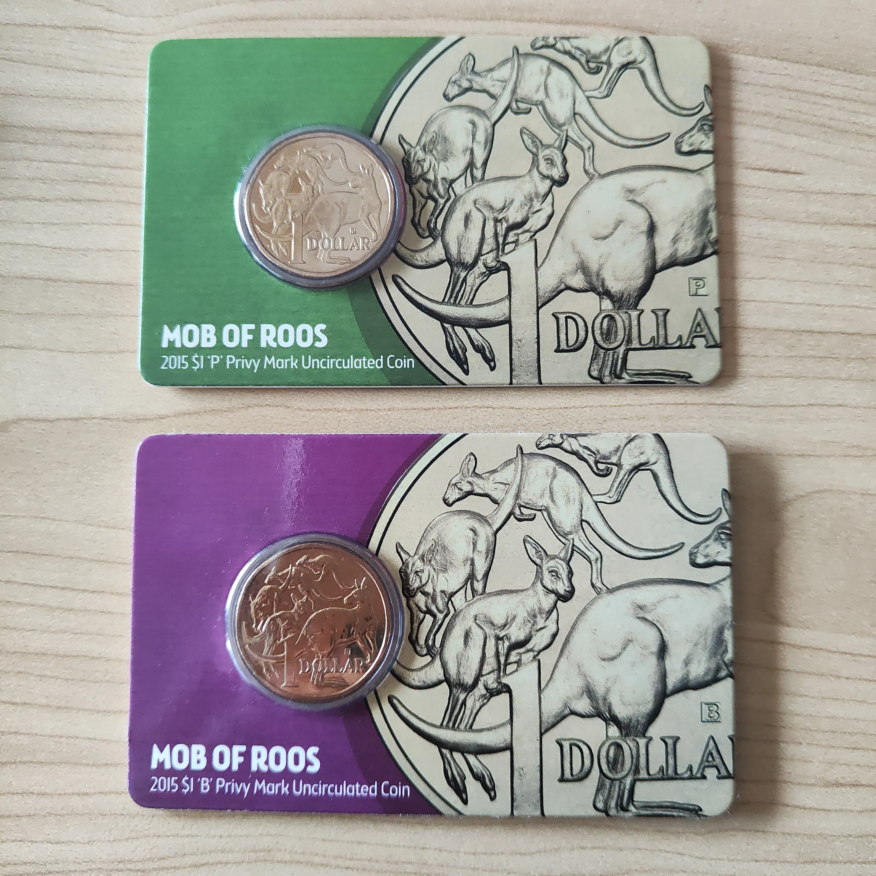 Australia 2015 Royal Australian Mint $1 Mob of Roos 2 x Uncirculated Privy Mark Carded Coins Brisbane Perth