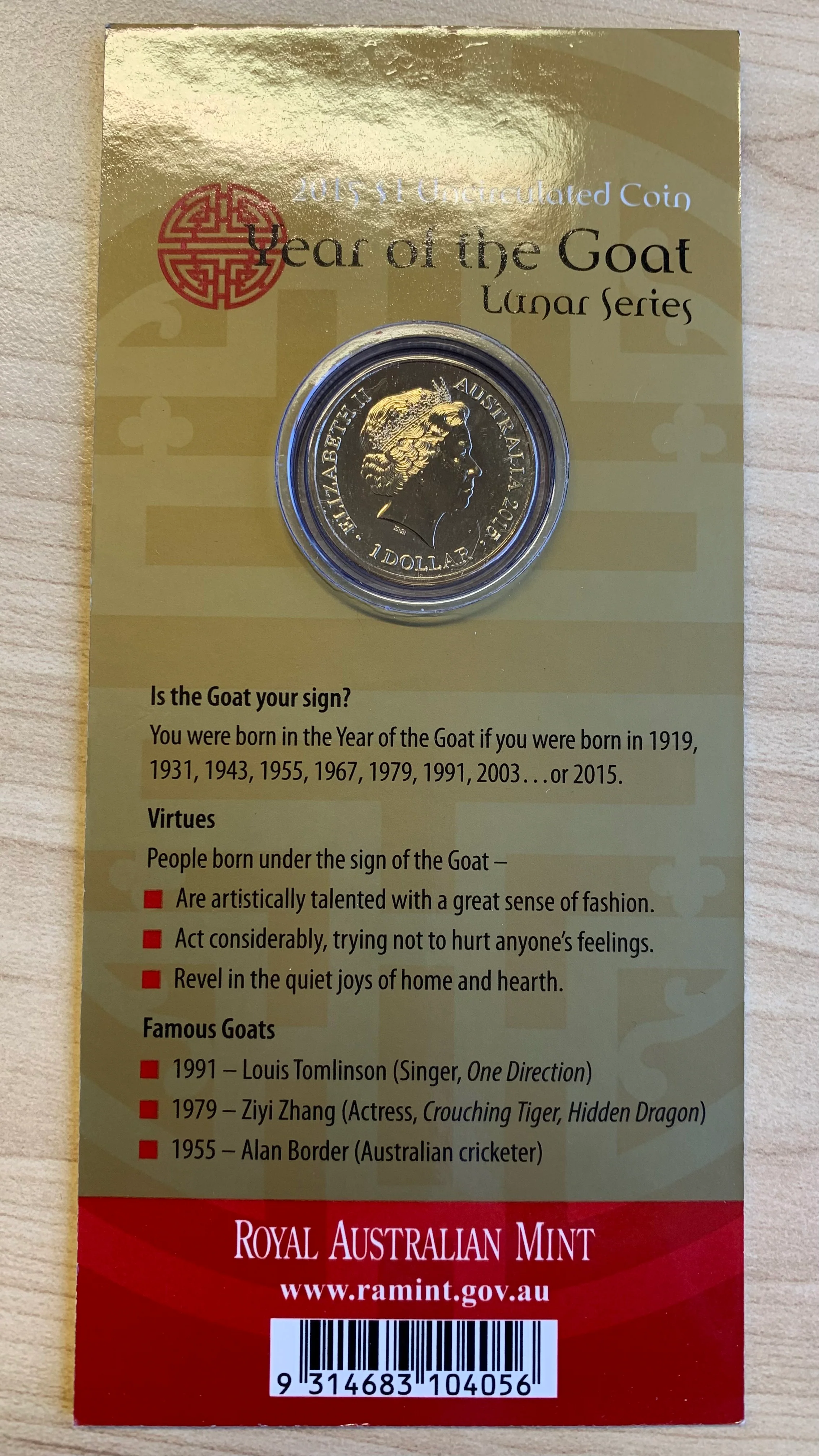 Australia 2015 Royal Australian Mint One Dollar $1 Lunar New Year of the Goat Coin - Image 2