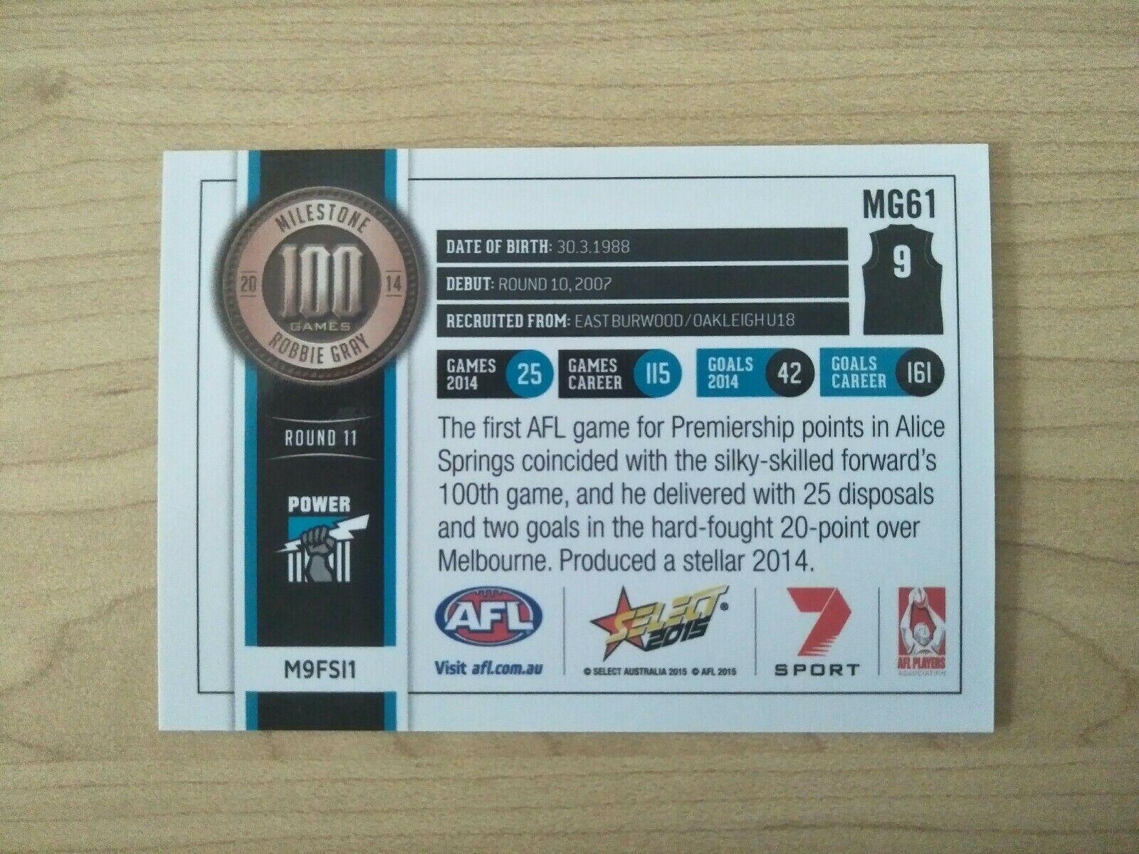 2015 Select AFL Promotional Card Robbie Gray Port Adelaide - Image 2