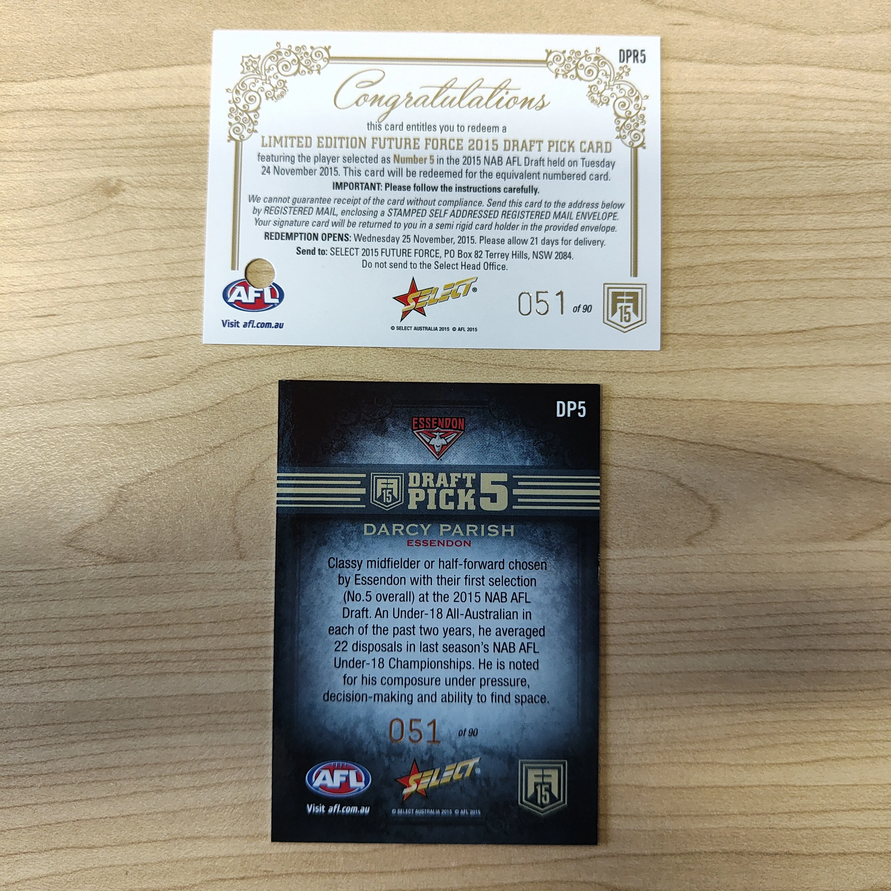2015 Select Future Force Draft Pick Redemption Darcy Parish Essendon No.051/90 - Image 2