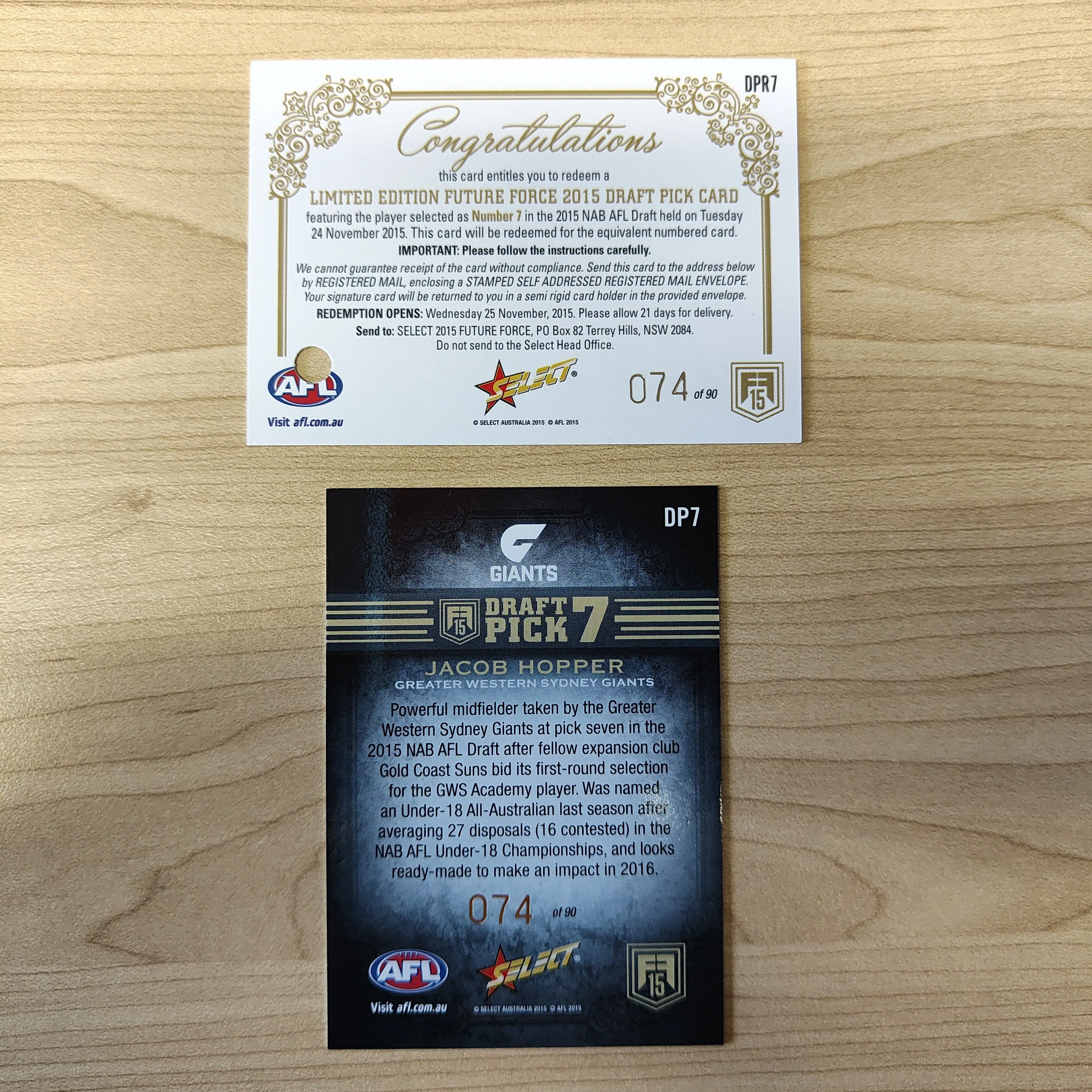2015 Select Future Force Draft Pick Redemption Jacob Hopper GWS No.074/90 - Image 2